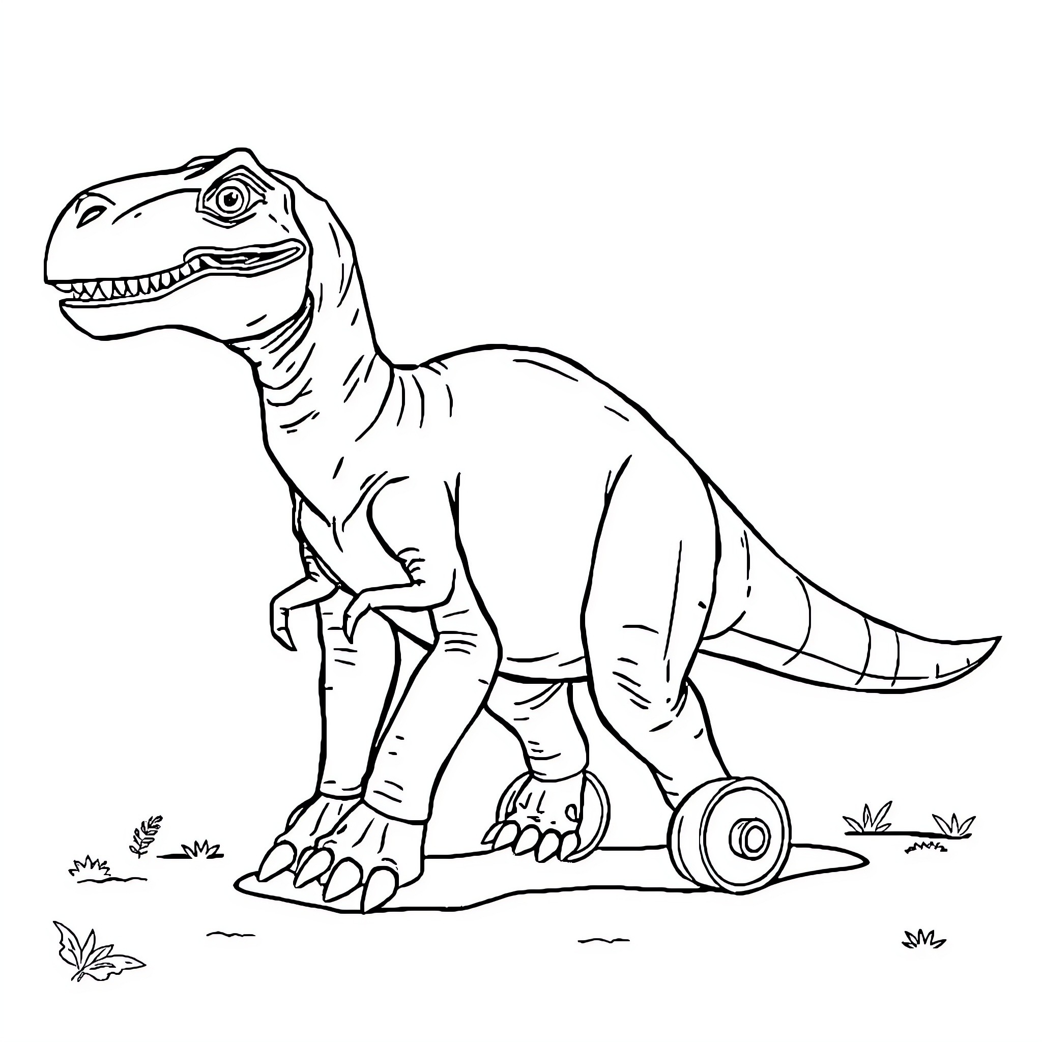 Dinosaur with wheels on its feet Coloring Page (free black-and-white line drawing printable PDF for all, from beginners to advanced learners, including children, teens, adults, and seniors)