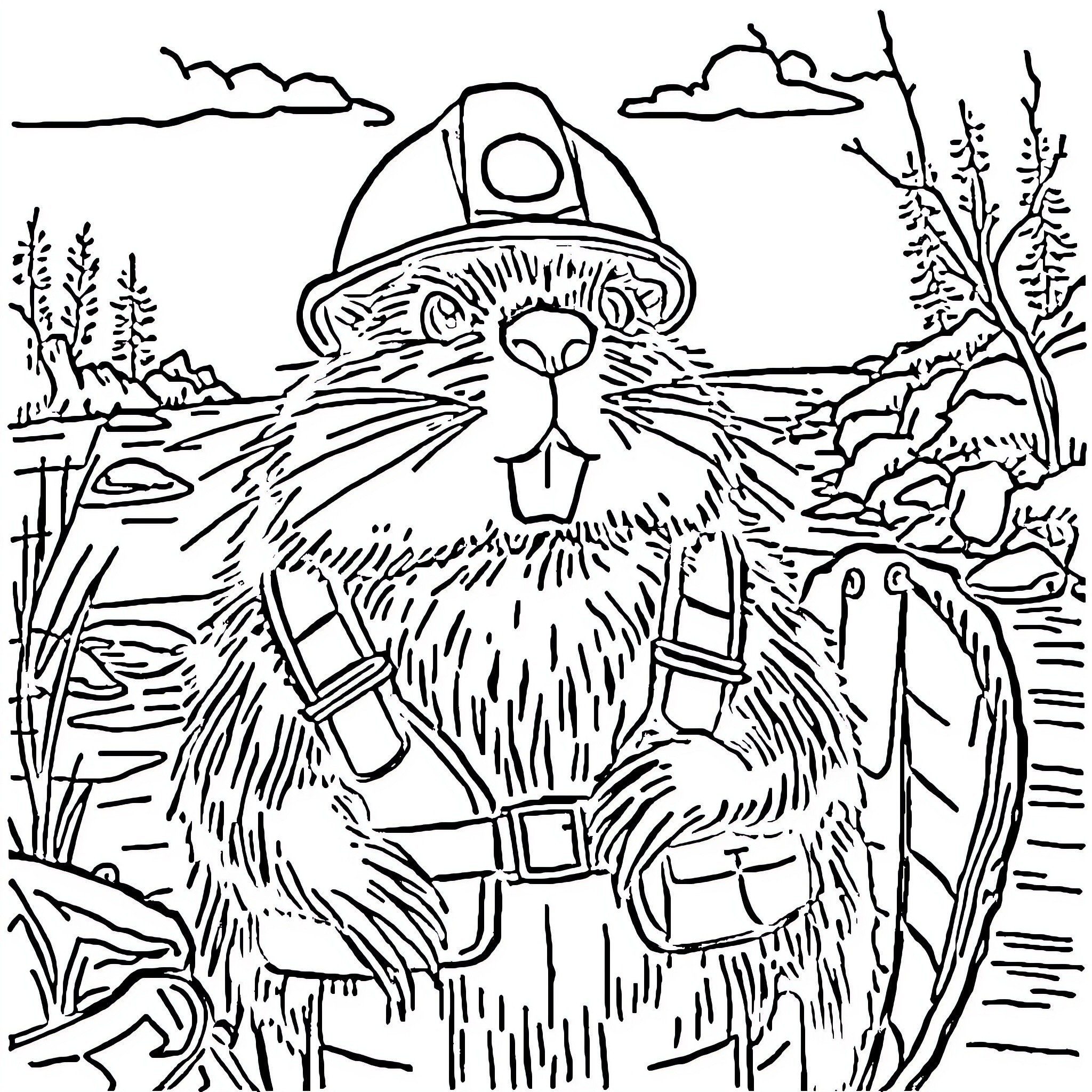Beaver in Outdoor Adventure Gear Coloring Page (free black-and-white line drawing printable PDF for all, from beginners to advanced learners, including children, teens, adults, and seniors)