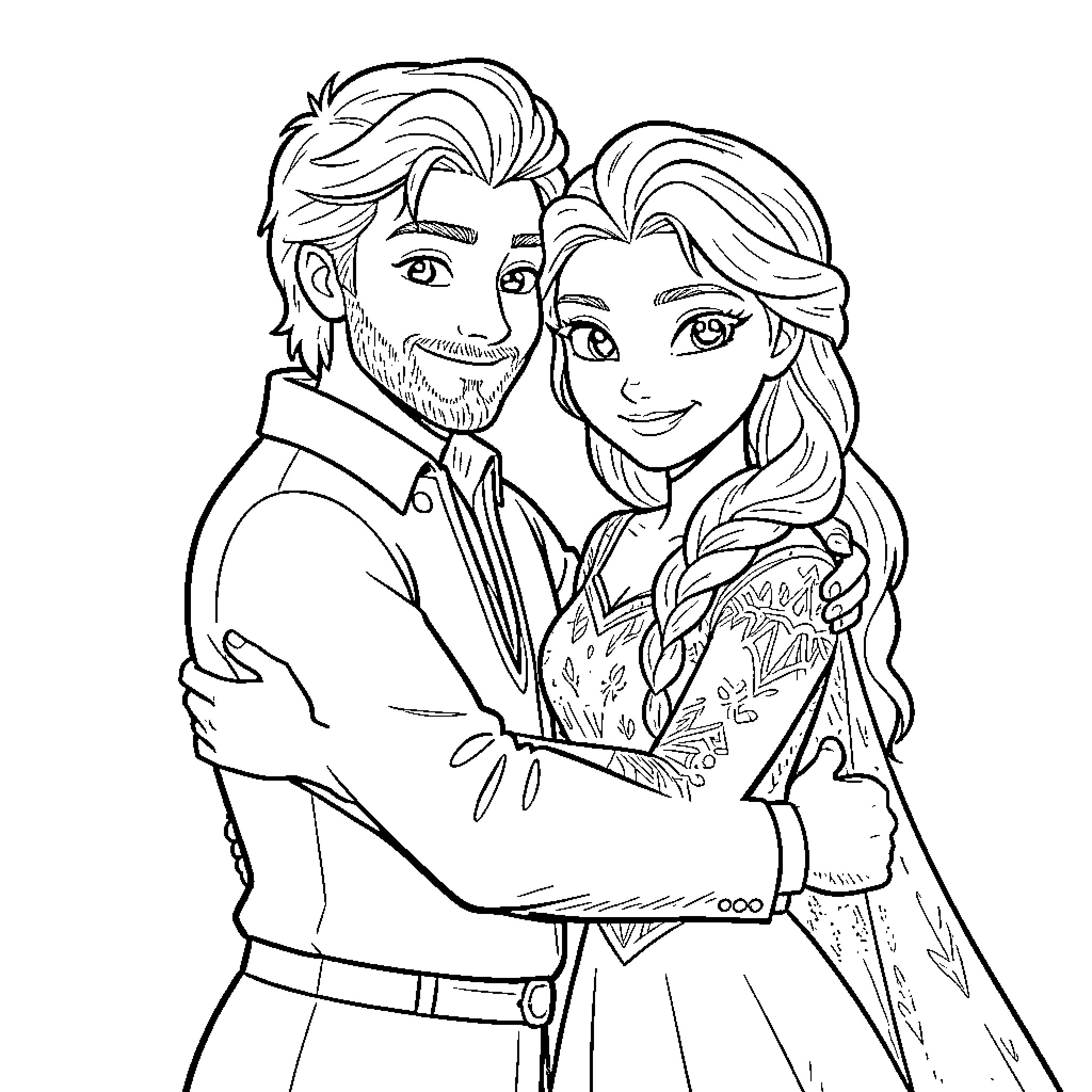Elsa and a man embracing and smiling together Coloring Page (free black-and-white line drawing printable PDF for all, from beginners to advanced learners, including children, teens, adults, and seniors)