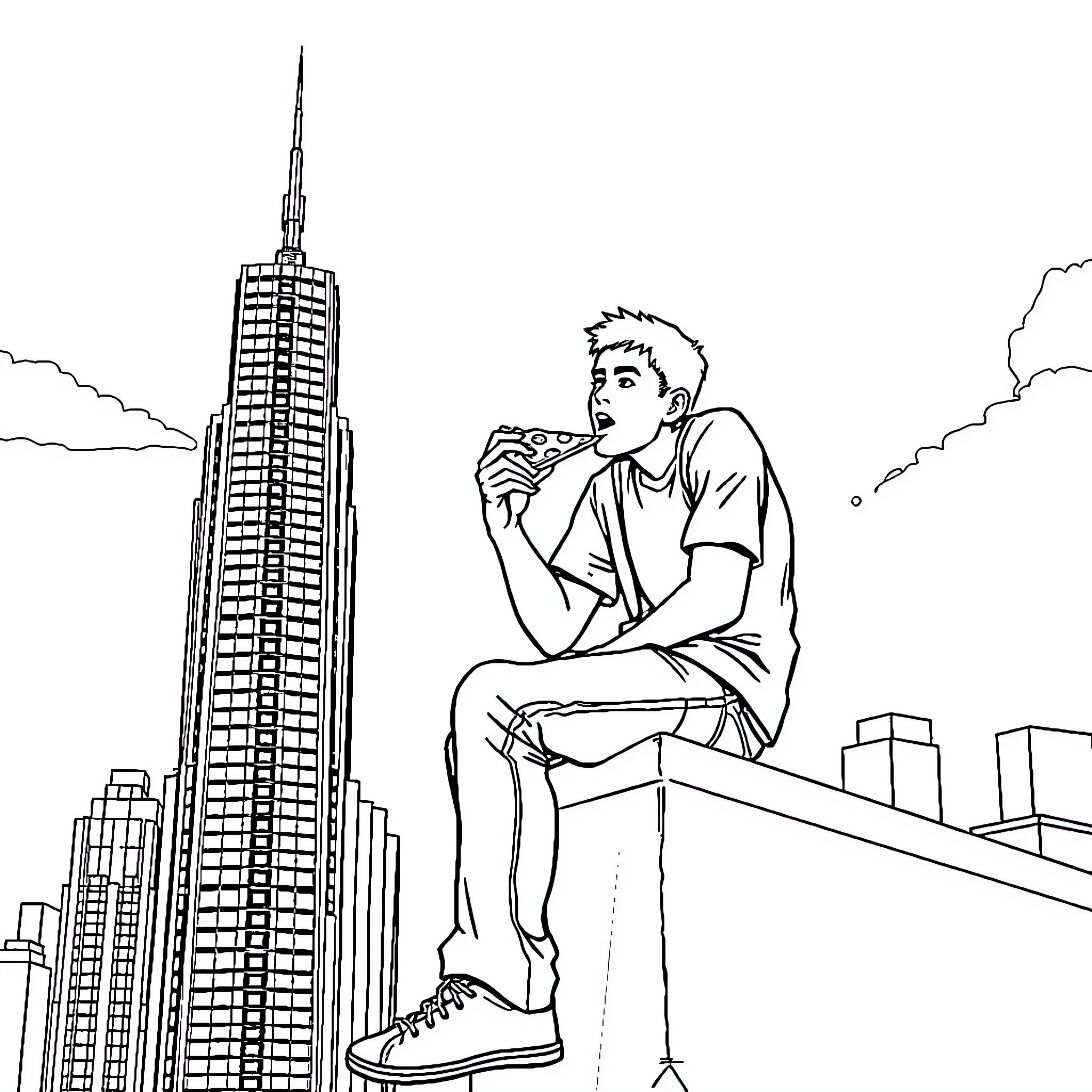Guy sitting pensively on a rooftop overlooking the city Coloring Page (free black-and-white line drawing printable PDF for all, from beginners to advanced learners, including children, teens, adults, and seniors)
