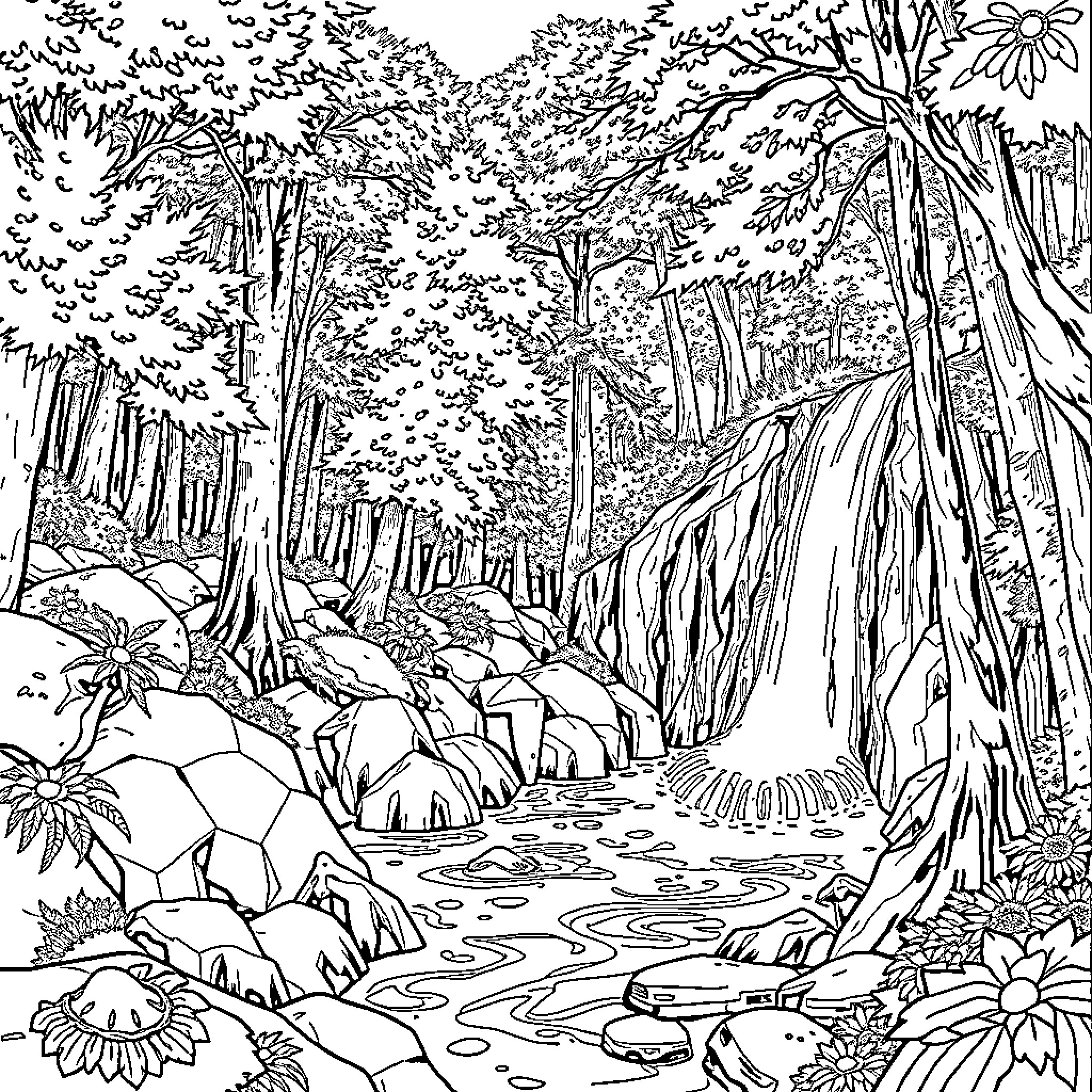 Birch Trees in Lush Forest Landscape Coloring Page (free black-and-white line drawing printable PDF for all, from beginners to advanced learners, including children, teens, adults, and seniors)