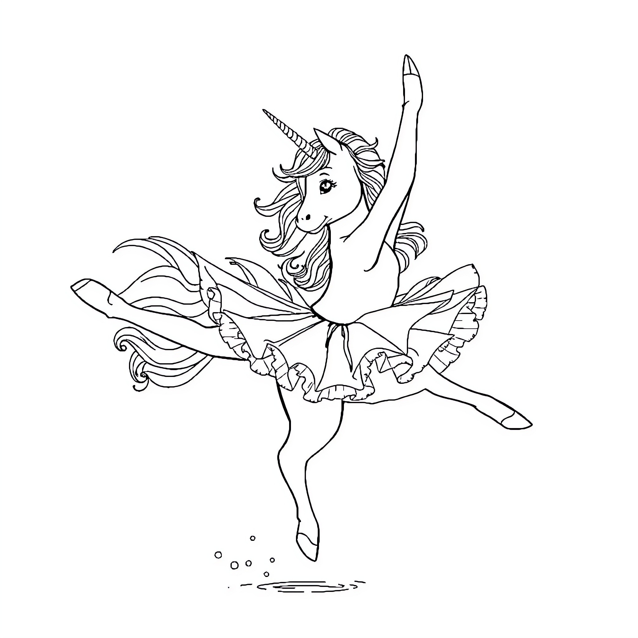 Unicorn ballerina gracefully dancing Coloring Page (free black-and-white line drawing printable PDF for all, from beginners to advanced learners, including children, teens, adults, and seniors)