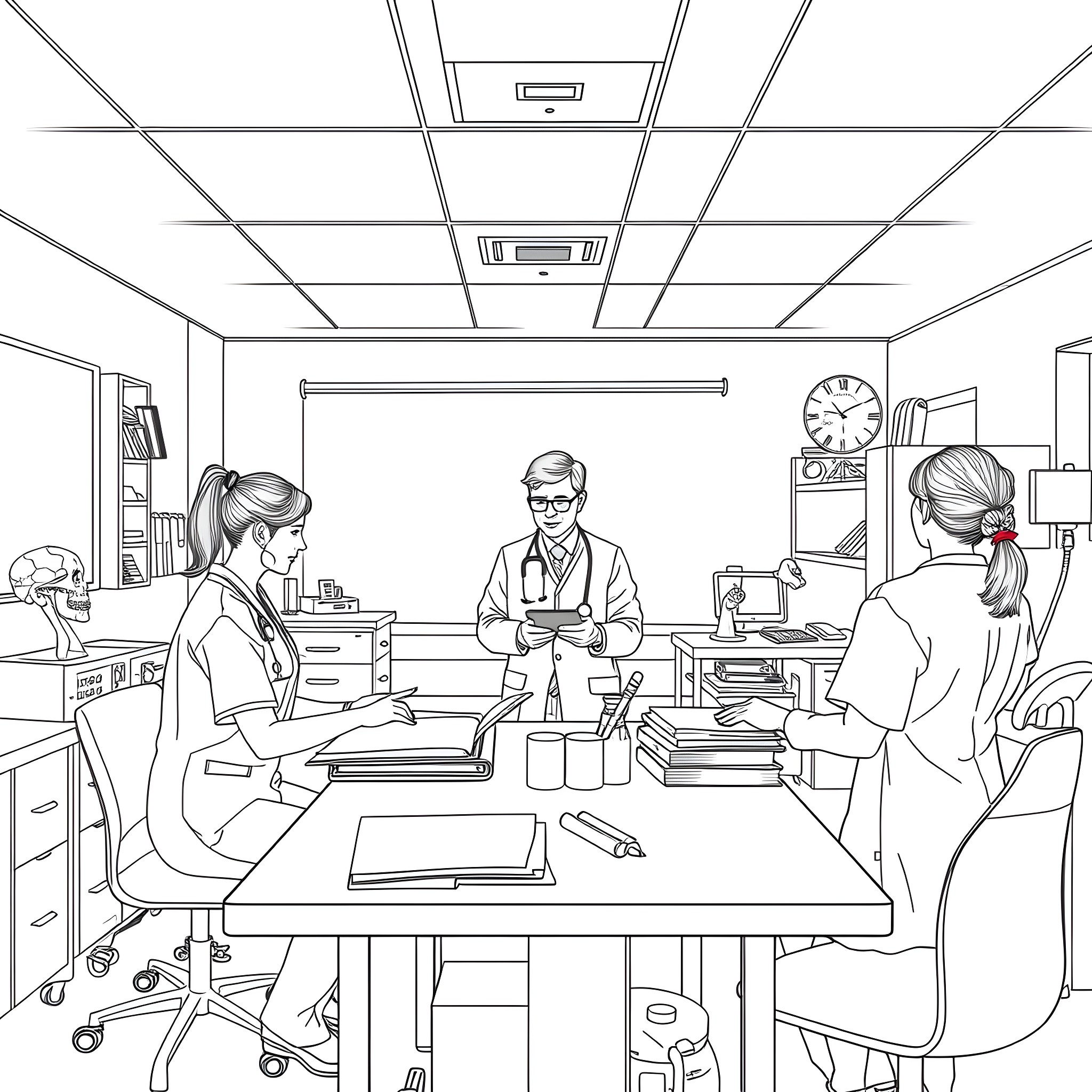 Nursing professionals collaborating in a clinical setting Coloring Page (free black-and-white line drawing printable PDF for all, from beginners to advanced learners, including children, teens, adults, and seniors)