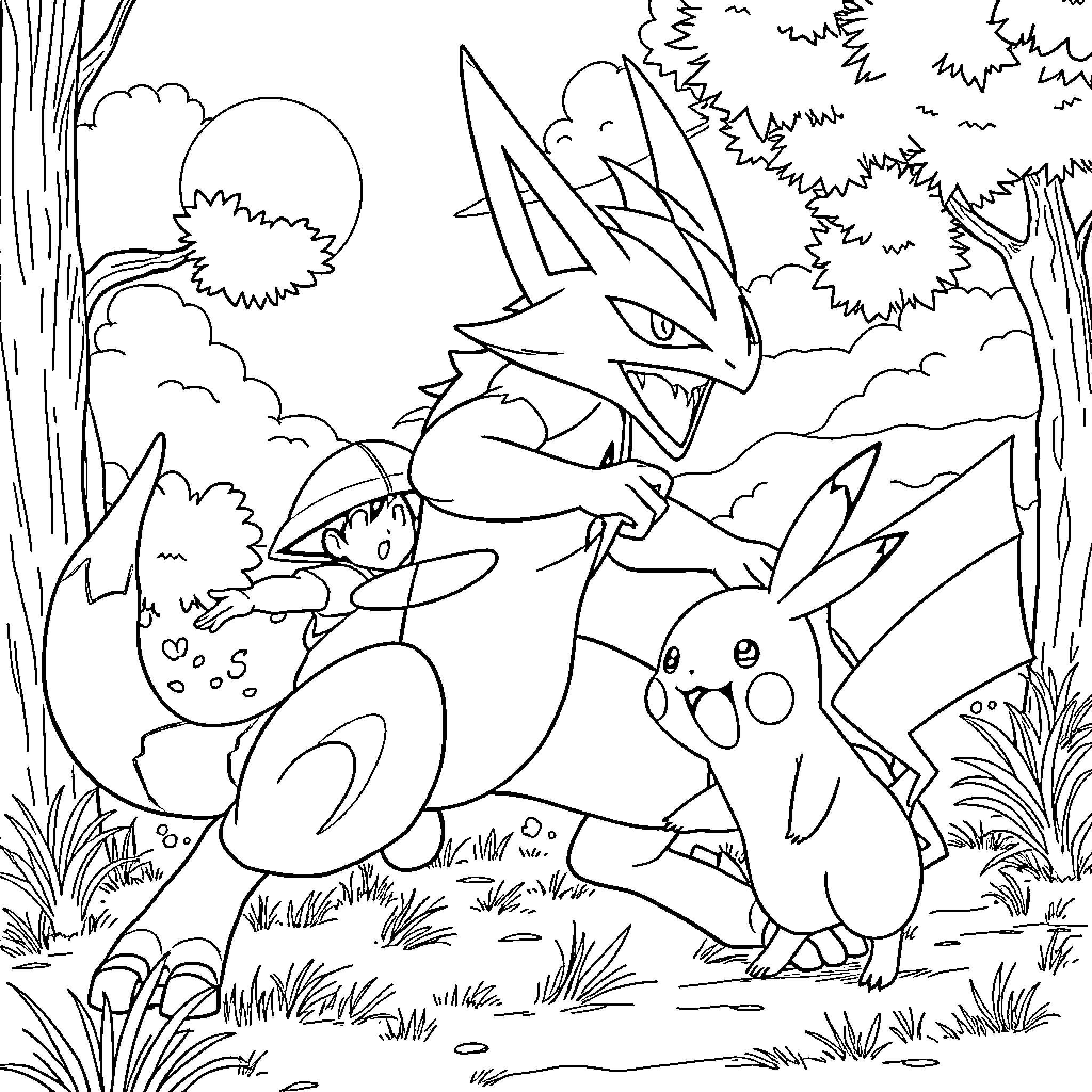 Lucario in an Adventurous Outdoor Scene Coloring Page (free black-and-white line drawing printable PDF for all, from beginners to advanced learners, including children, teens, adults, and seniors)