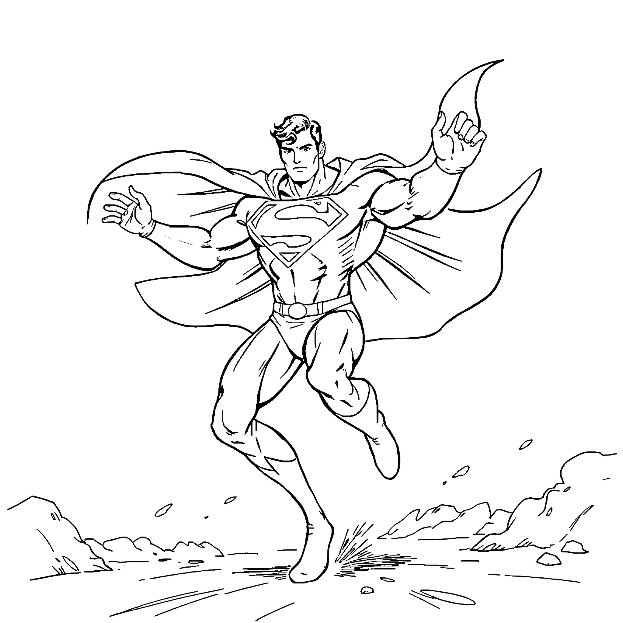 Superman taking flight with heroic pose Coloring Page (free black-and-white line drawing printable PDF for all, from beginners to advanced learners, including children, teens, adults, and seniors)