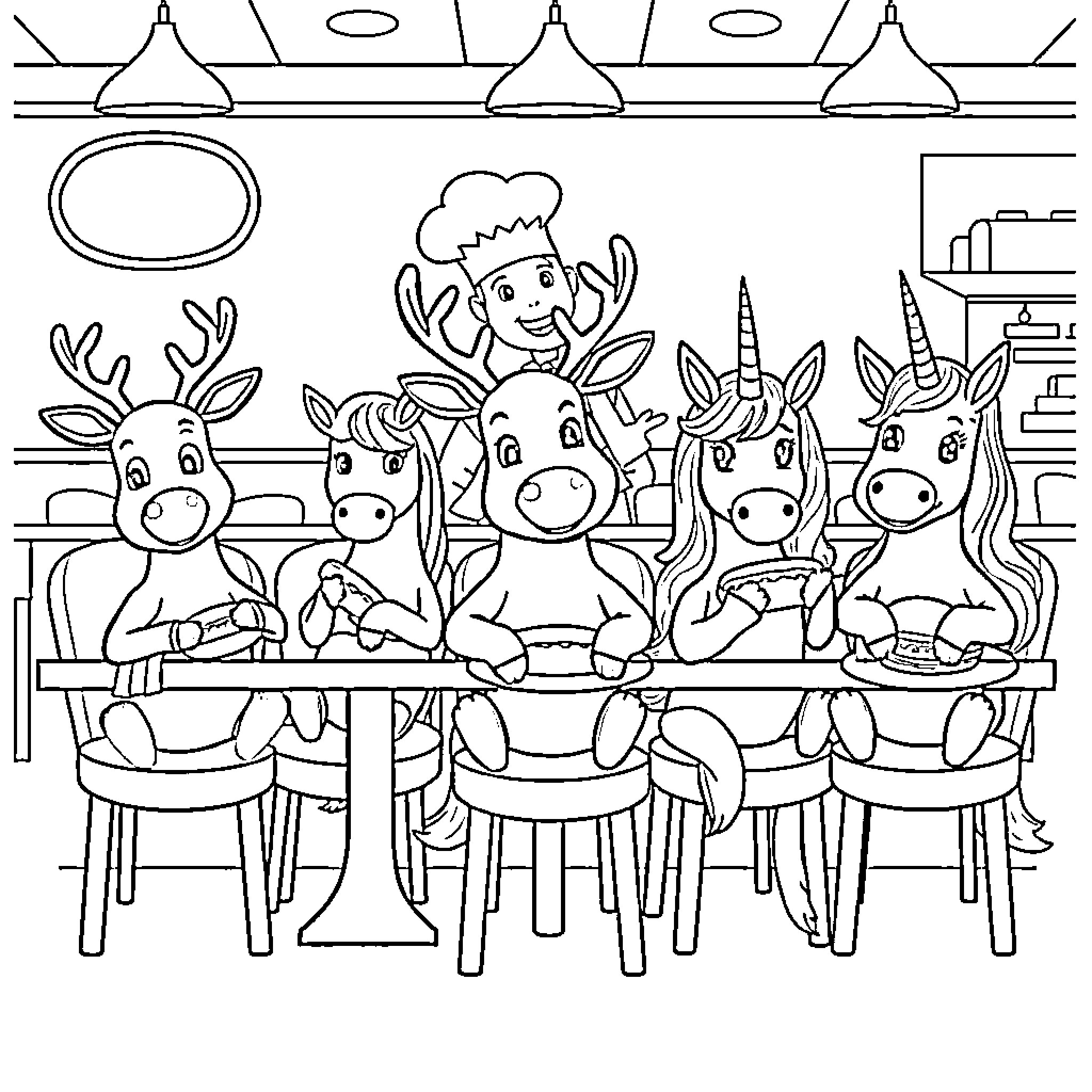 Reindeer and friends enjoying a festive meal Coloring Page (free black-and-white line drawing printable PDF for all, from beginners to advanced learners, including children, teens, adults, and seniors)
