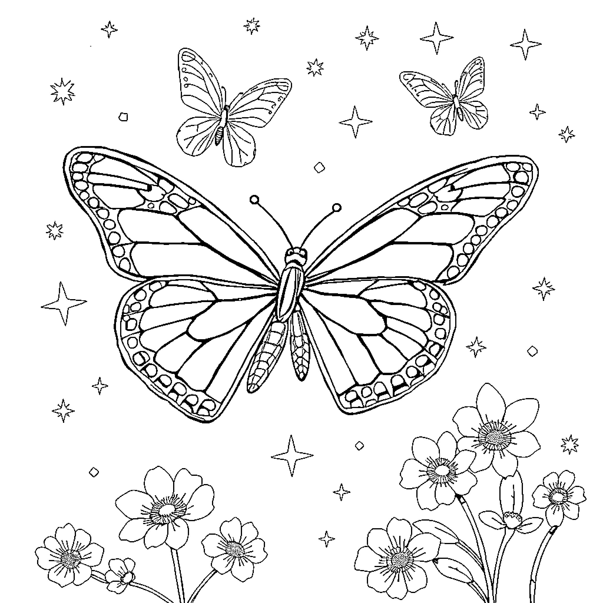 Butterfly Illustrations with Floral Motifs Coloring Page (free black-and-white line drawing printable PDF for all, from beginners to advanced learners, including children, teens, adults, and seniors)