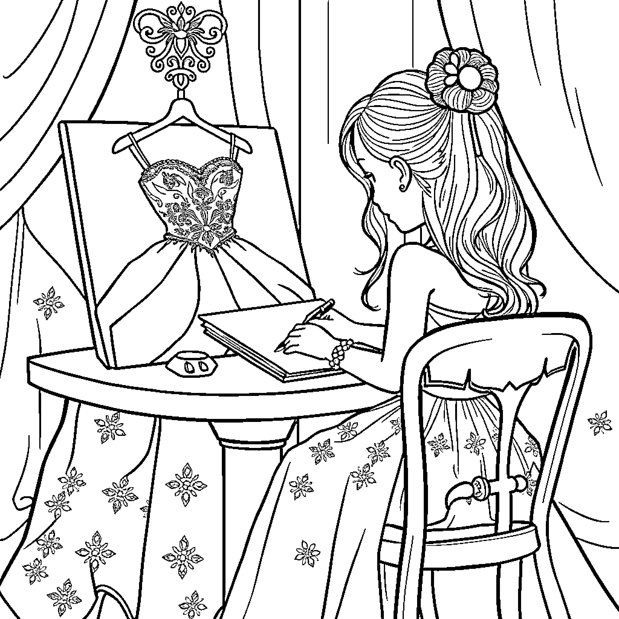 Girl Drawing a Dress on Easel Coloring Page (free black-and-white line drawing printable PDF for all, from beginners to advanced learners, including children, teens, adults, and seniors)