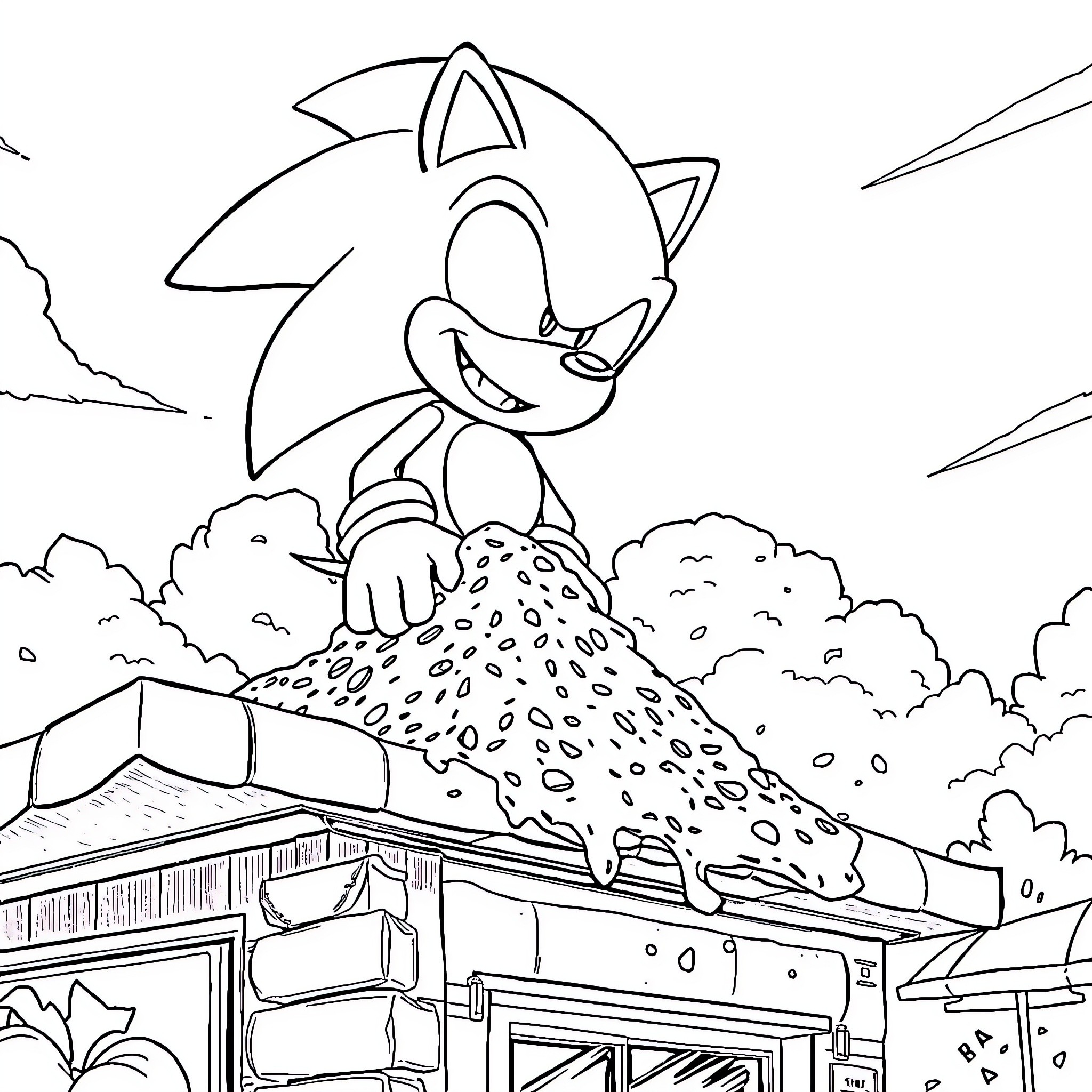 Sonic the Hedgehog running across the rooftops Coloring Page (free black-and-white line drawing printable PDF for all, from beginners to advanced learners, including children, teens, adults, and seniors)