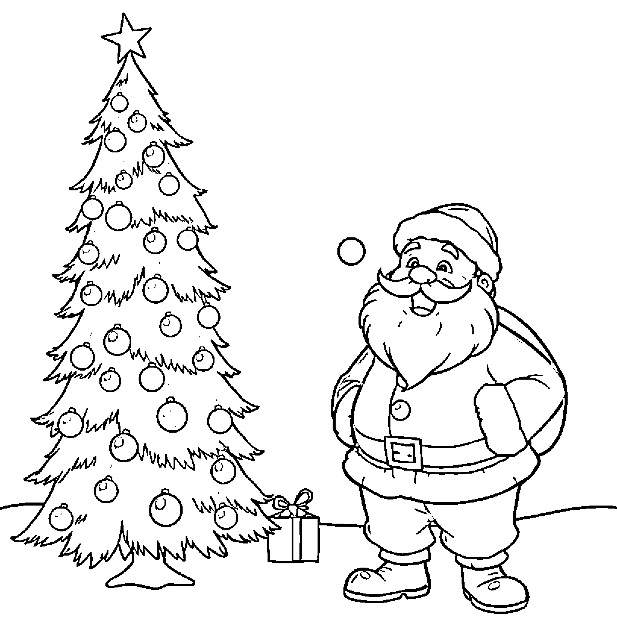 Christmas Tree with Santa Claus Decorating Coloring Page (free black-and-white line drawing printable PDF for all, from beginners to advanced learners, including children, teens, adults, and seniors)