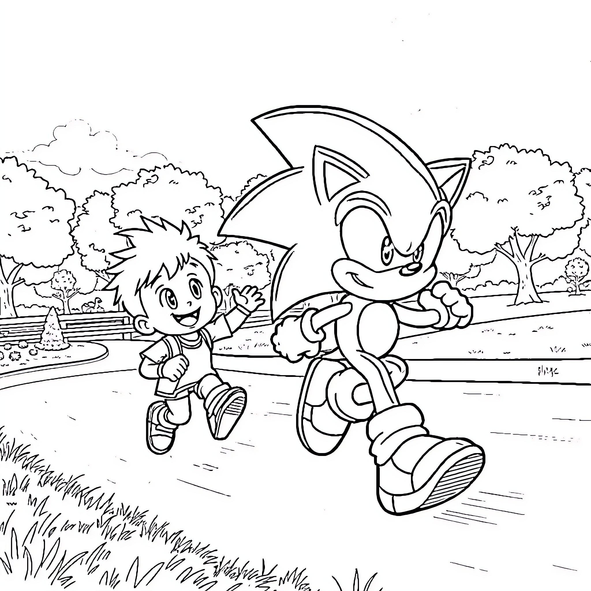 Sonic and Boy Exploring Outdoor Adventure Coloring Page (free black-and-white line drawing printable PDF for all, from beginners to advanced learners, including children, teens, adults, and seniors)