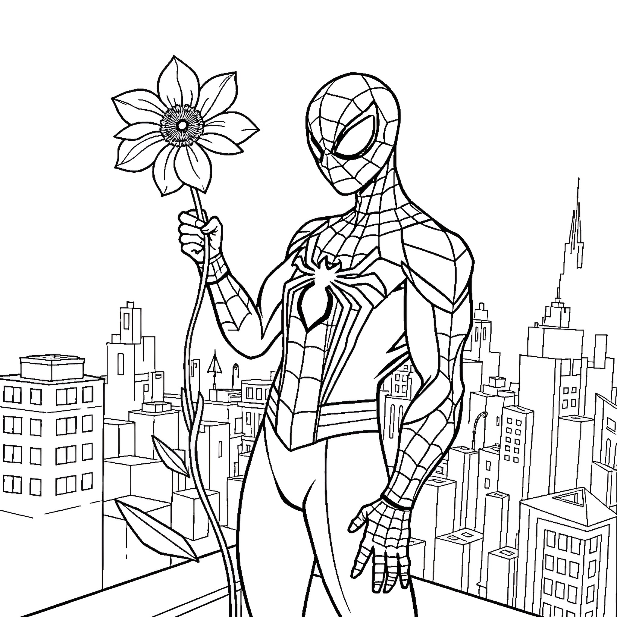 Spiderman heroically standing atop city skyline with flower Coloring Page (free black-and-white line drawing printable PDF for all, from beginners to advanced learners, including children, teens, adults, and seniors)