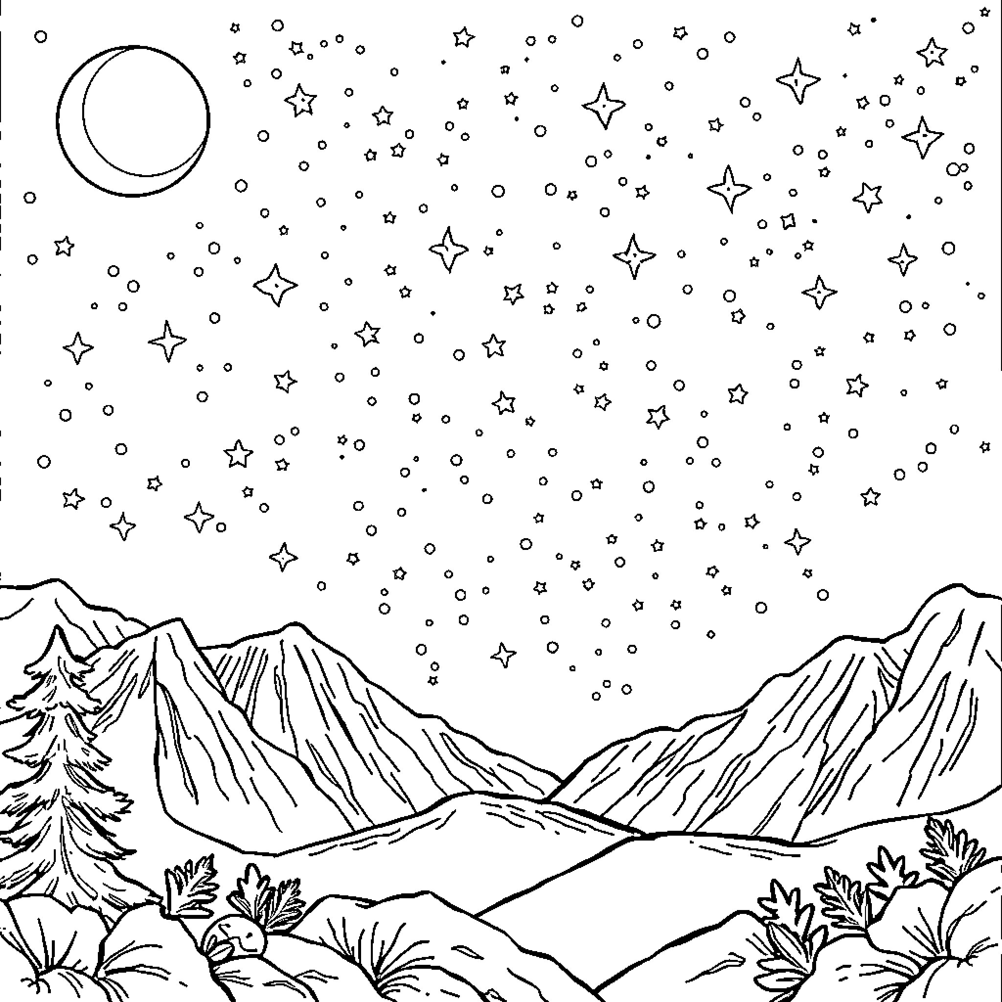 Night Sky Filled with Stars over Snowy Mountains Coloring Page (free black-and-white line drawing printable PDF for all, from beginners to advanced learners, including children, teens, adults, and seniors)