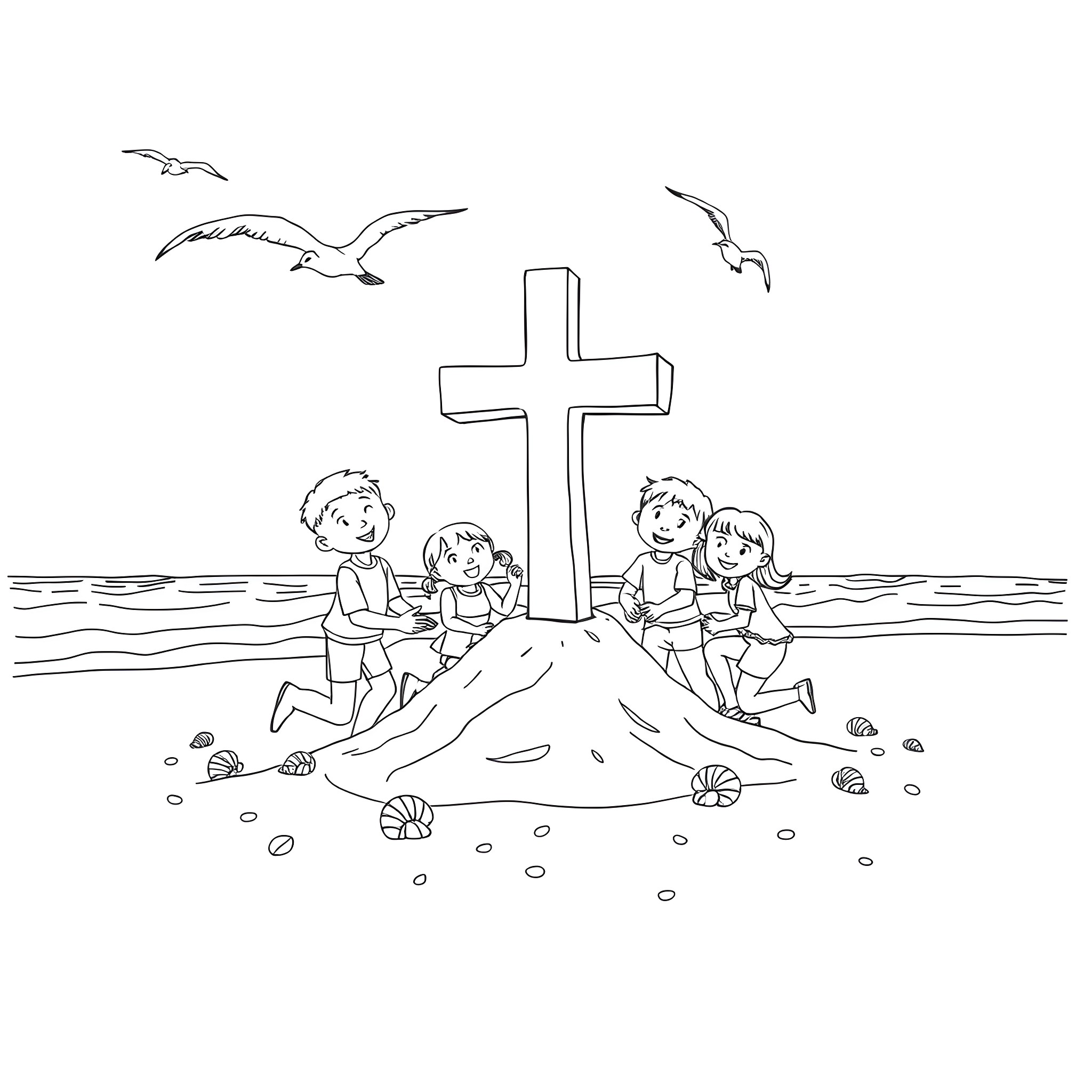 Cross Family Gathering by the Sea Coloring Page (free black-and-white line drawing printable PDF for all, from beginners to advanced learners, including children, teens, adults, and seniors)
