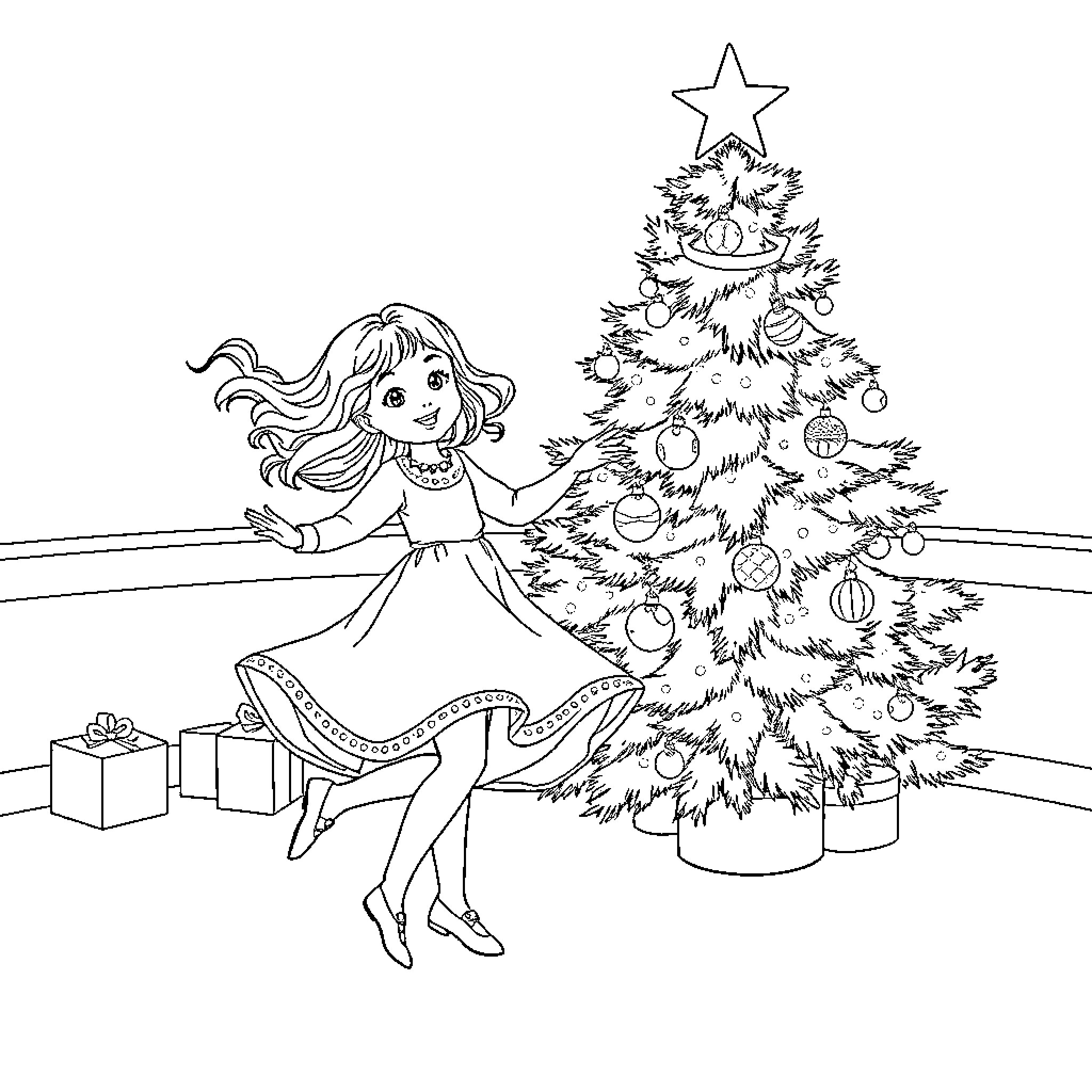 Girl decorating Christmas tree with joy Coloring Page (free black-and-white line drawing printable PDF for all, from beginners to advanced learners, including children, teens, adults, and seniors)