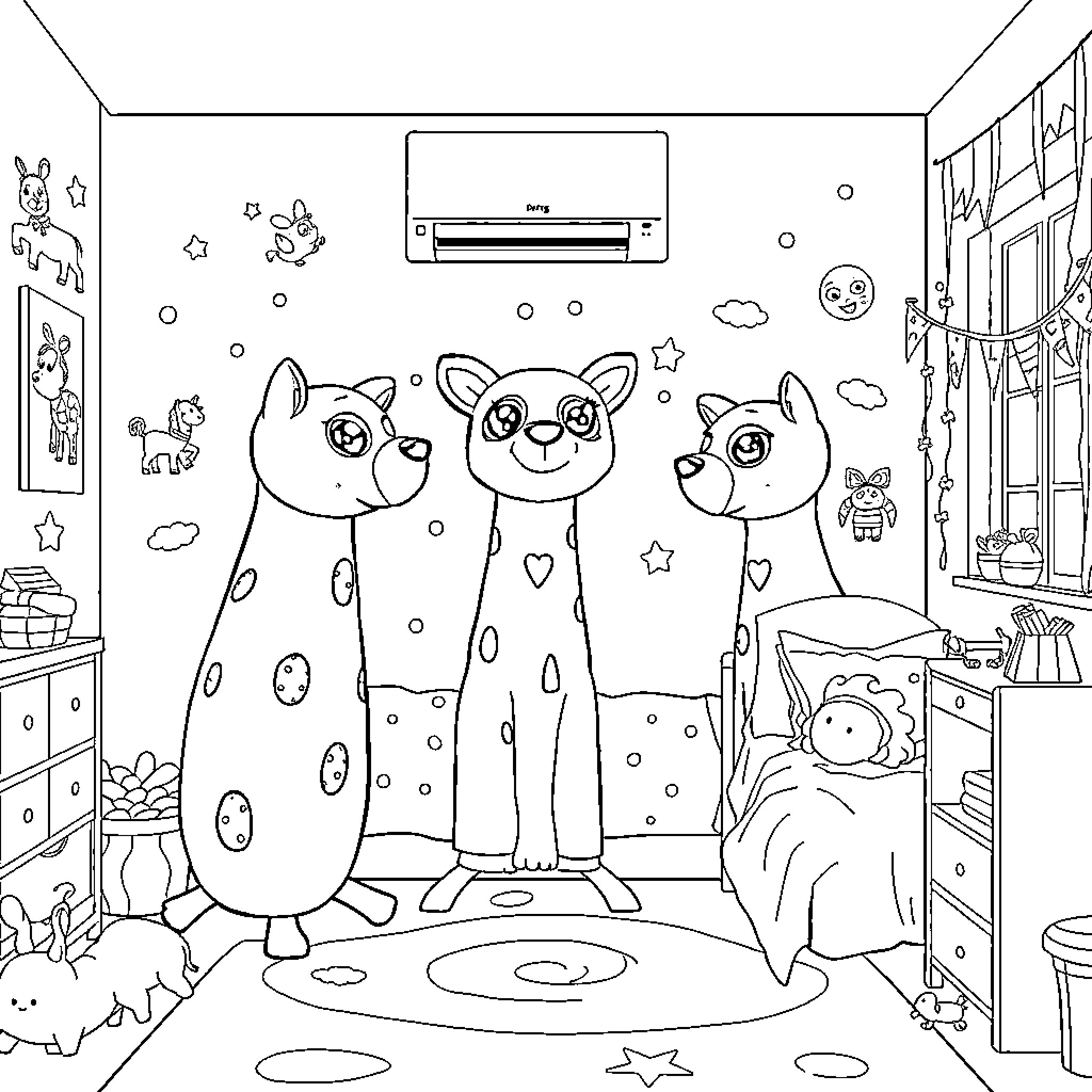 Aspiradora de animales de peluche en una habitación Coloring Page (free black-and-white line drawing printable PDF for all, from beginners to advanced learners, including children, teens, adults, and seniors)