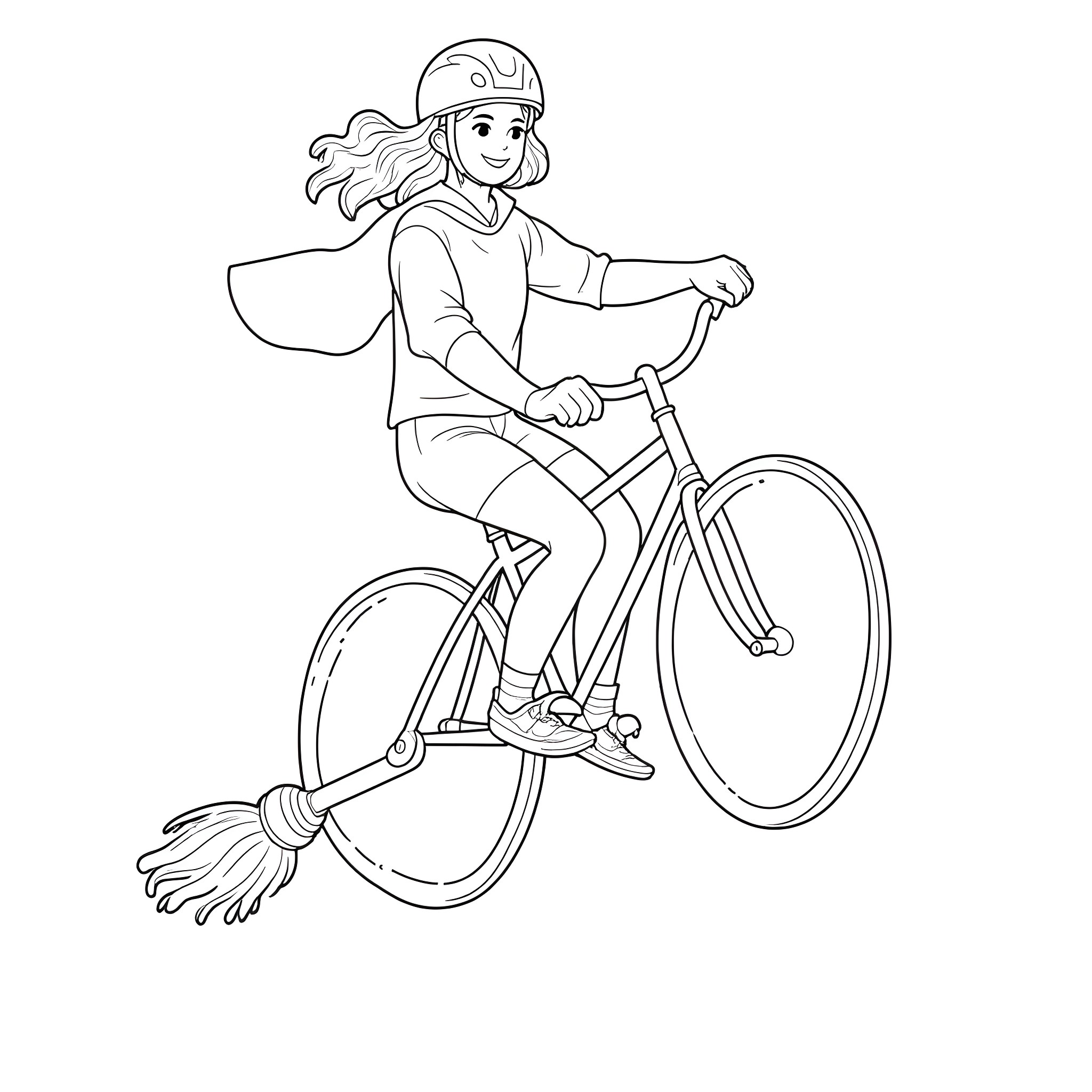 Hermione Granger riding a bicycle happily Coloring Page (free black-and-white line drawing printable PDF for all, from beginners to advanced learners, including children, teens, adults, and seniors)