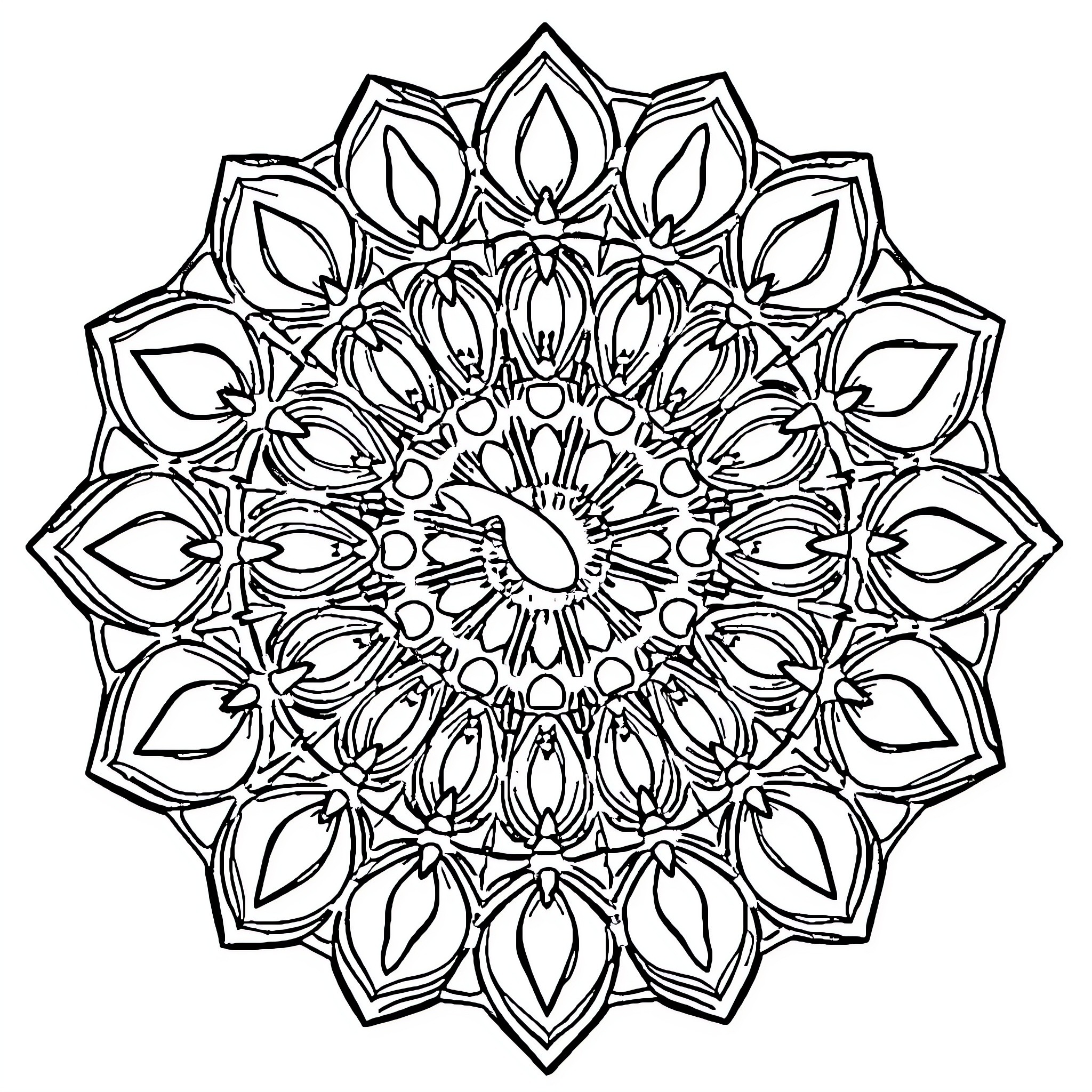 Mandala with intricate floral patterns Coloring Page (free black-and-white line drawing printable PDF for all, from beginners to advanced learners, including children, teens, adults, and seniors)