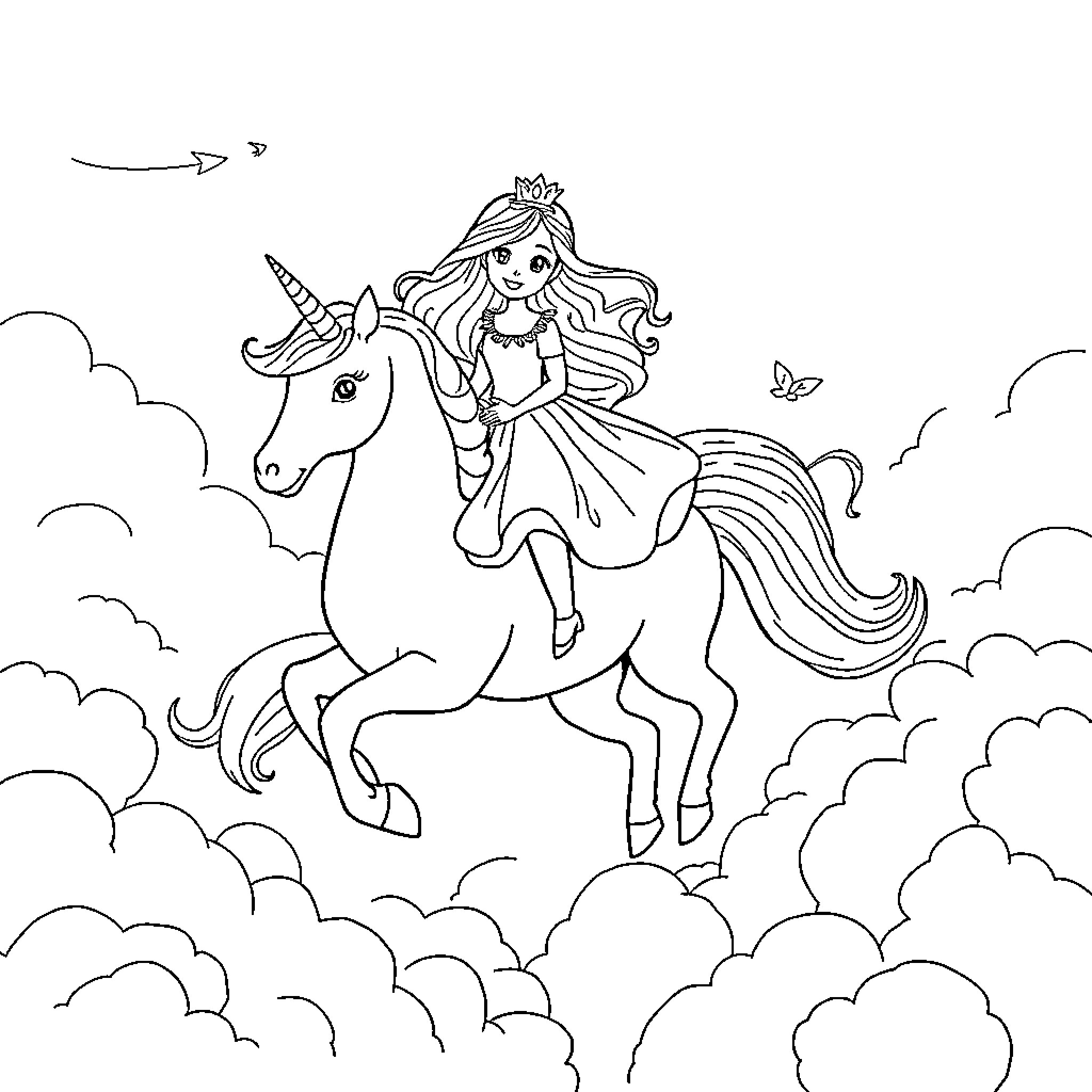 Princess riding a magical unicorn in the clouds Coloring Page (free black-and-white line drawing printable PDF for all, from beginners to advanced learners, including children, teens, adults, and seniors)