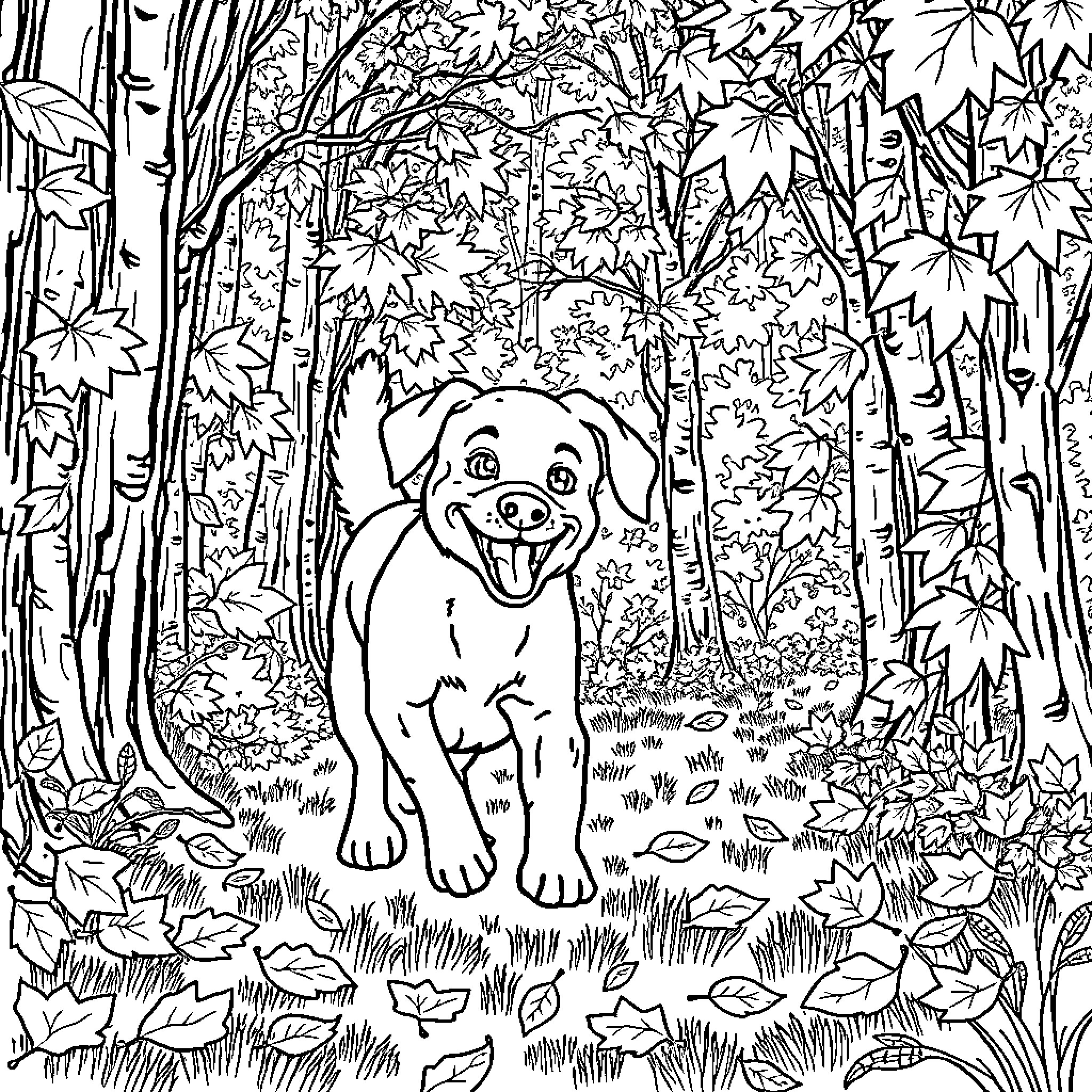 Dog Exploring the Vibrant Autumn Forest Coloring Page (free black-and-white line drawing printable PDF for all, from beginners to advanced learners, including children, teens, adults, and seniors)