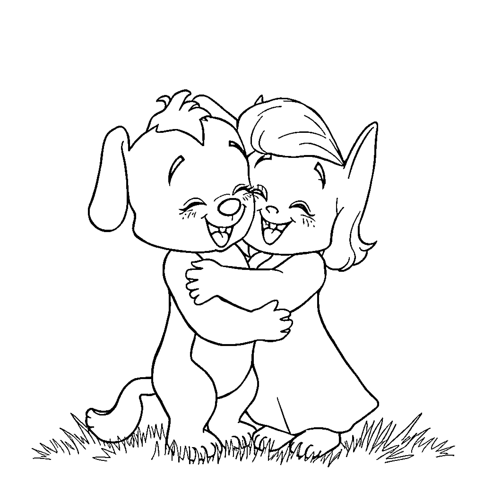 Bluey and Bingo hugging happily Coloring Page (free black-and-white line drawing printable PDF for all, from beginners to advanced learners, including children, teens, adults, and seniors)