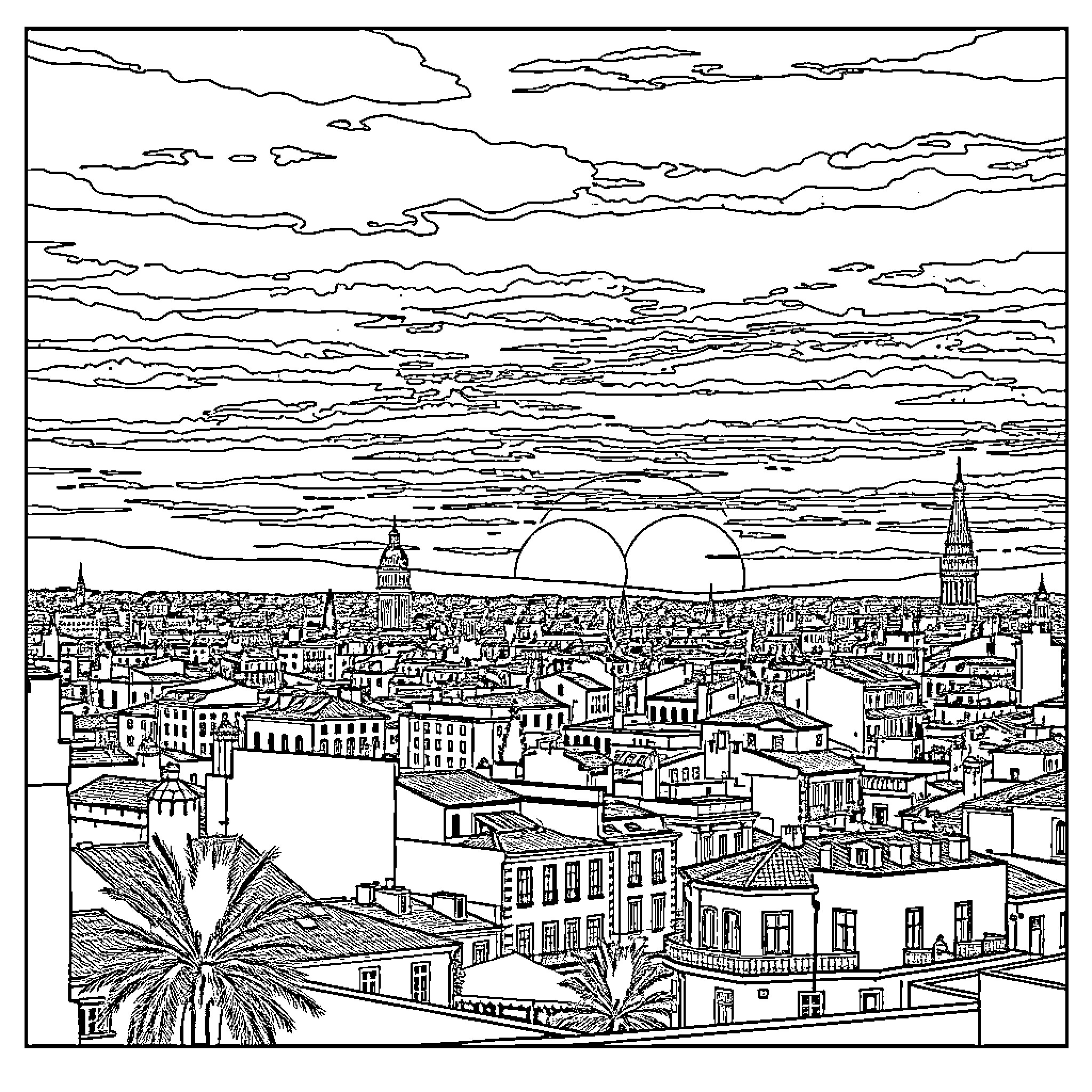 Sunset over a bustling cityscape Coloring Page (free black-and-white line drawing printable PDF for all, from beginners to advanced learners, including children, teens, adults, and seniors)