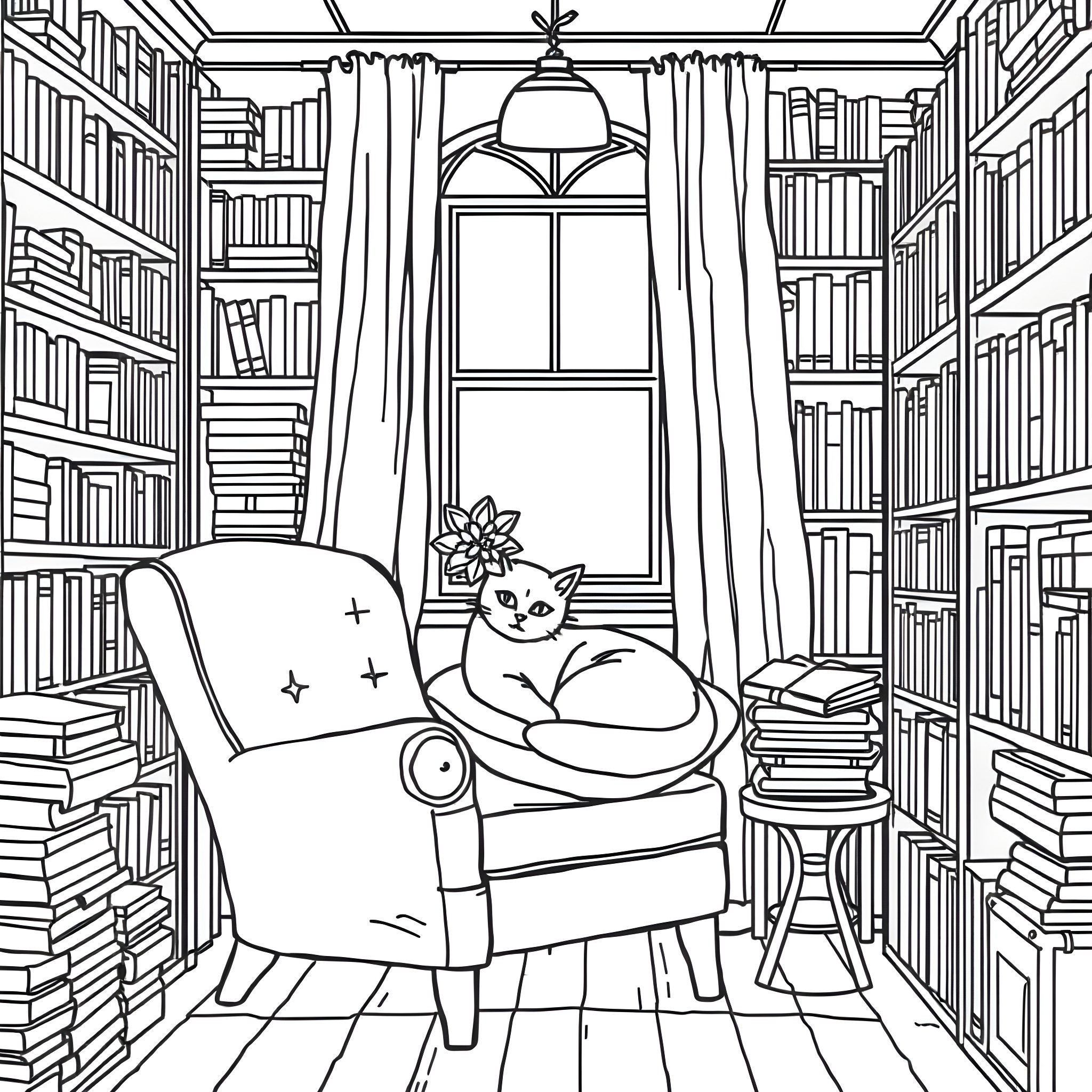 Cat relaxing in a cozy library Coloring Page (free black-and-white line drawing printable PDF for all, from beginners to advanced learners, including children, teens, adults, and seniors)