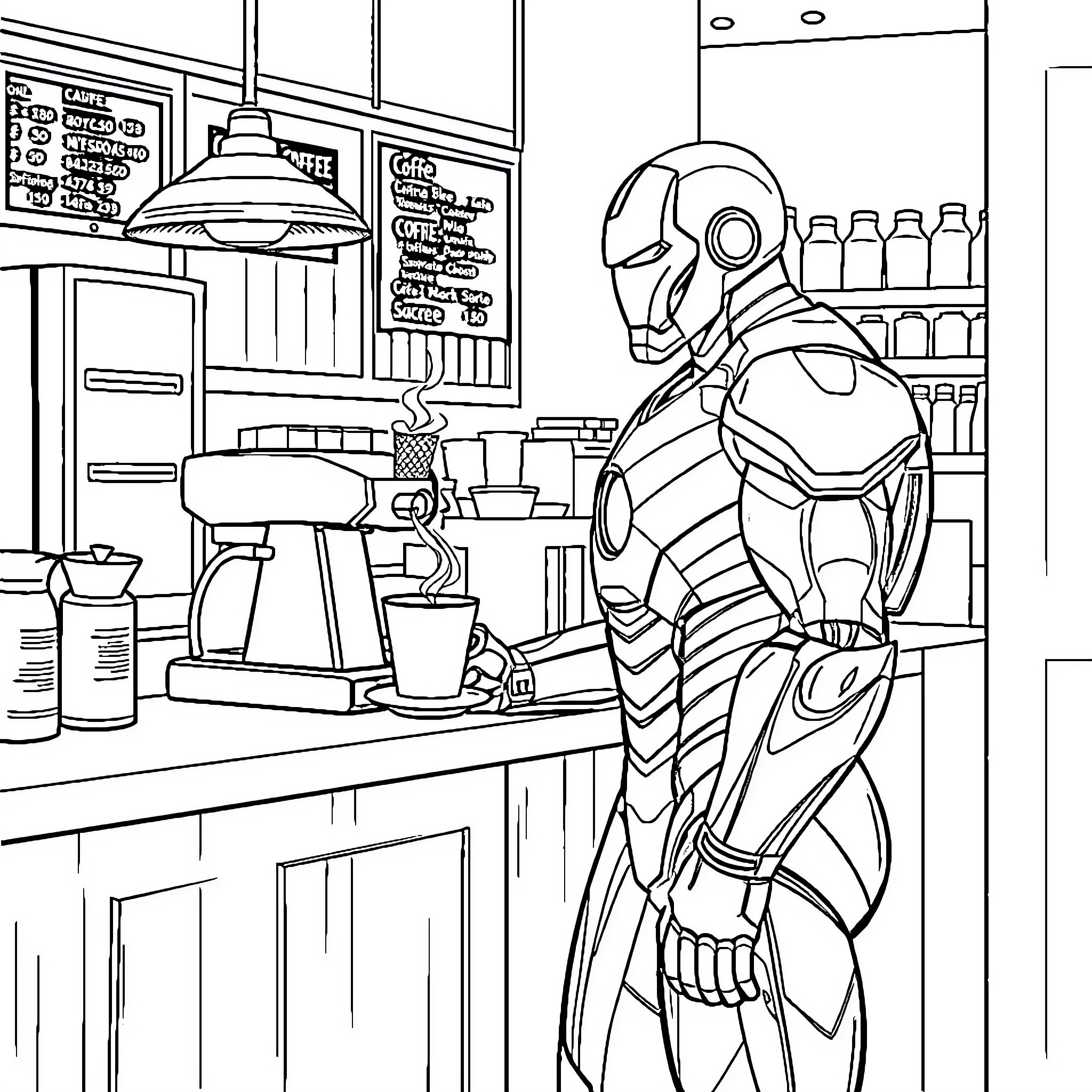 Ironman enjoying a coffee break in a cafe Coloring Page (free black-and-white line drawing printable PDF for all, from beginners to advanced learners, including children, teens, adults, and seniors)