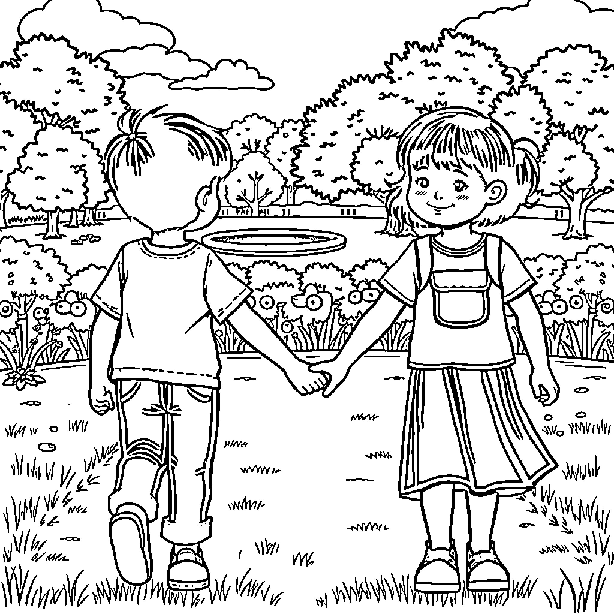 Children playing happily in a natural setting Coloring Page (free black-and-white line drawing printable PDF for all, from beginners to advanced learners, including children, teens, adults, and seniors)