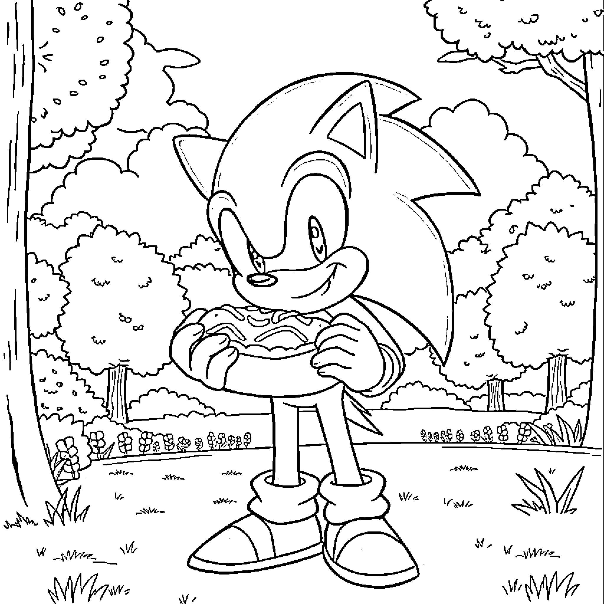 Sonic the Hedgehog in the Enchanted Forest Coloring Page (free black-and-white line drawing printable PDF for all, from beginners to advanced learners, including children, teens, adults, and seniors)