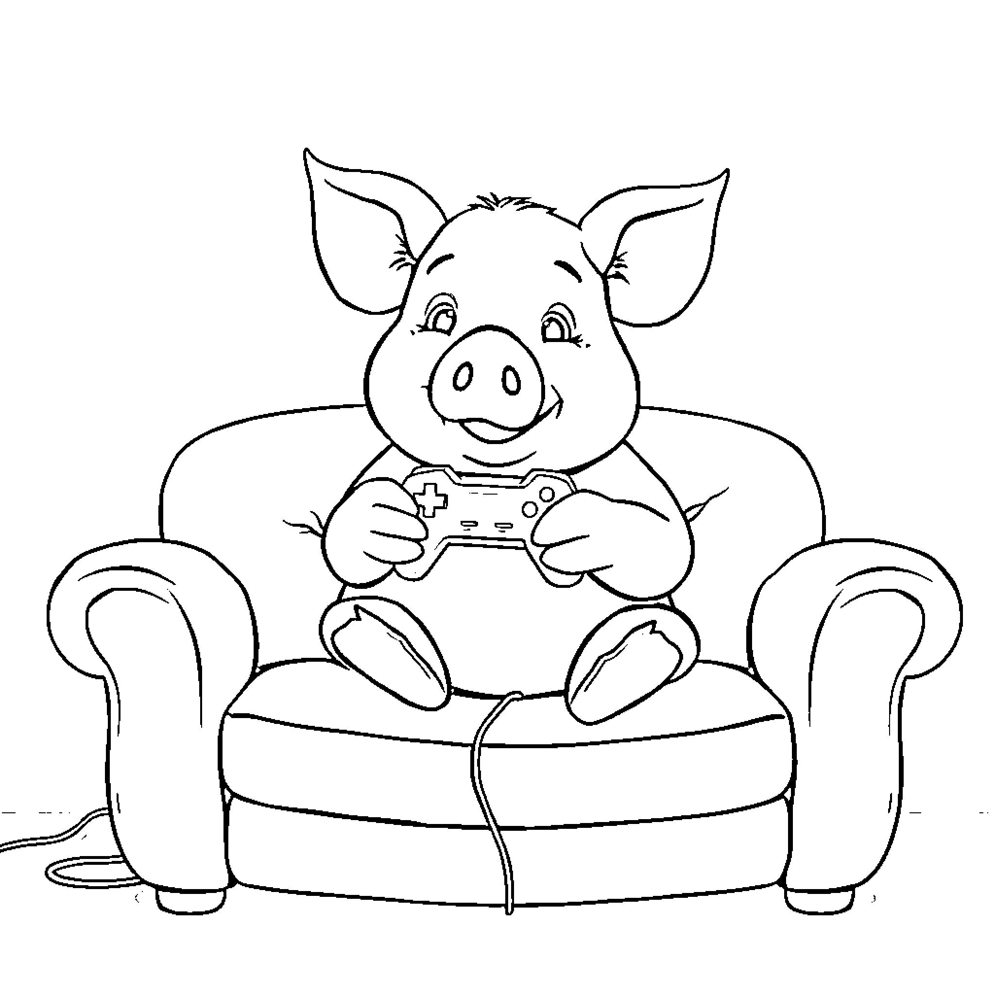 Pig playing video game on sofa Coloring Page (free black-and-white line drawing printable PDF for all, from beginners to advanced learners, including children, teens, adults, and seniors)