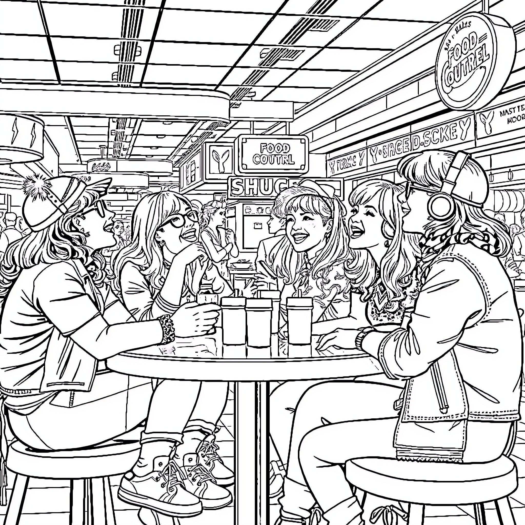 Friend having fun with friends at the diner Coloring Page (free black-and-white line drawing printable PDF for all, from beginners to advanced learners, including children, teens, adults, and seniors)