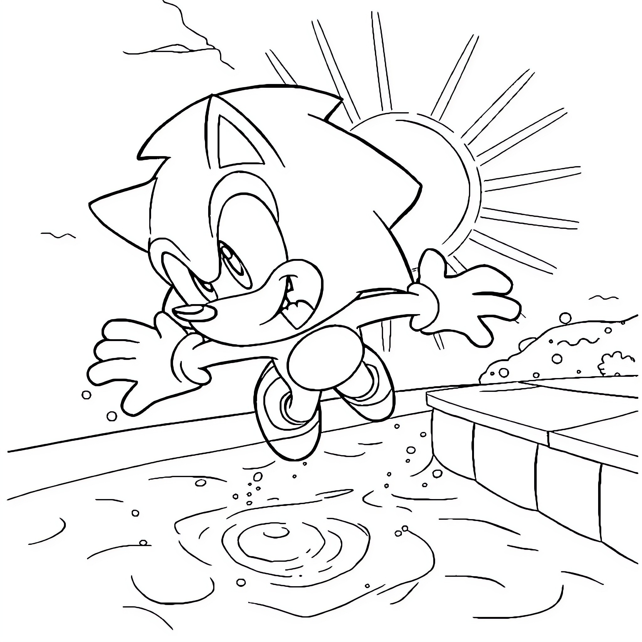Sonic running happily through the countryside Coloring Page (free black-and-white line drawing printable PDF for all, from beginners to advanced learners, including children, teens, adults, and seniors)