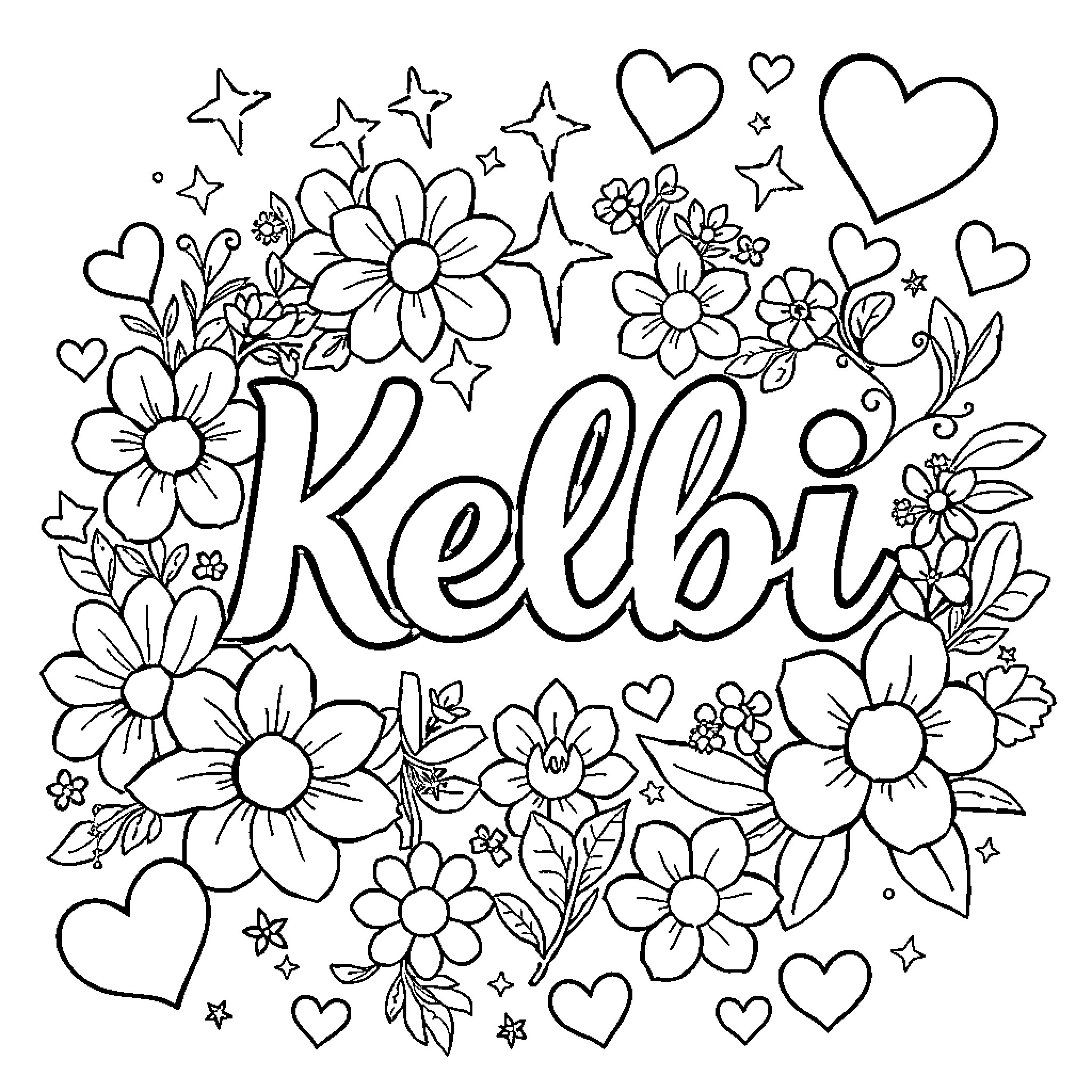Kelbi's Floral and Heart Design Coloring Page (free black-and-white line drawing printable PDF for all, from beginners to advanced learners, including children, teens, adults, and seniors)