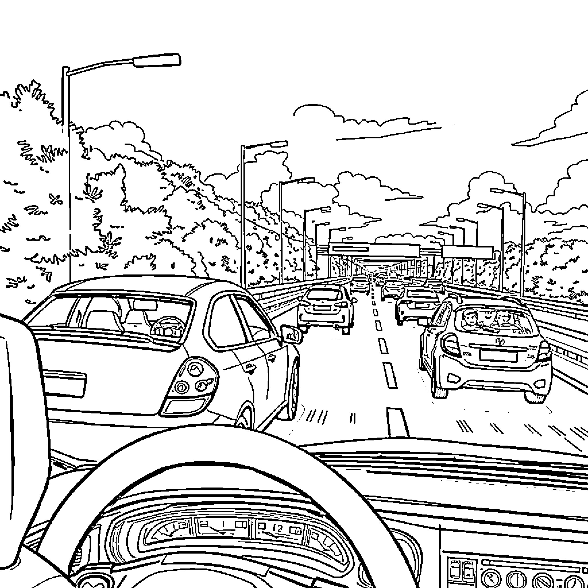 Harvey Price's view from the driver's seat on a busy highway Coloring Page (free black-and-white line drawing printable PDF for all, from beginners to advanced learners, including children, teens, adults, and seniors)