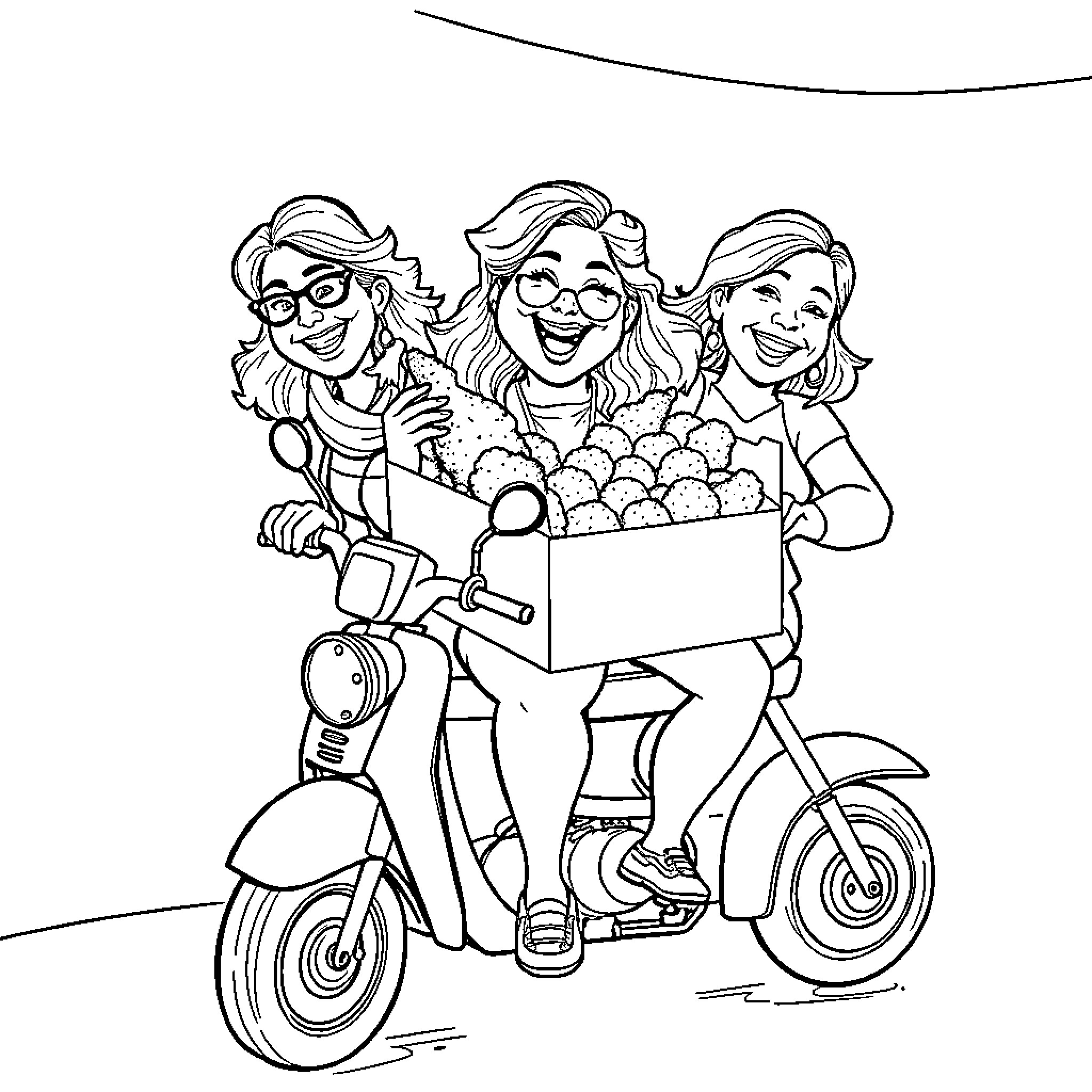 Chicks Delivering Produce on Scooter Coloring Page (free black-and-white line drawing printable PDF for all, from beginners to advanced learners, including children, teens, adults, and seniors)