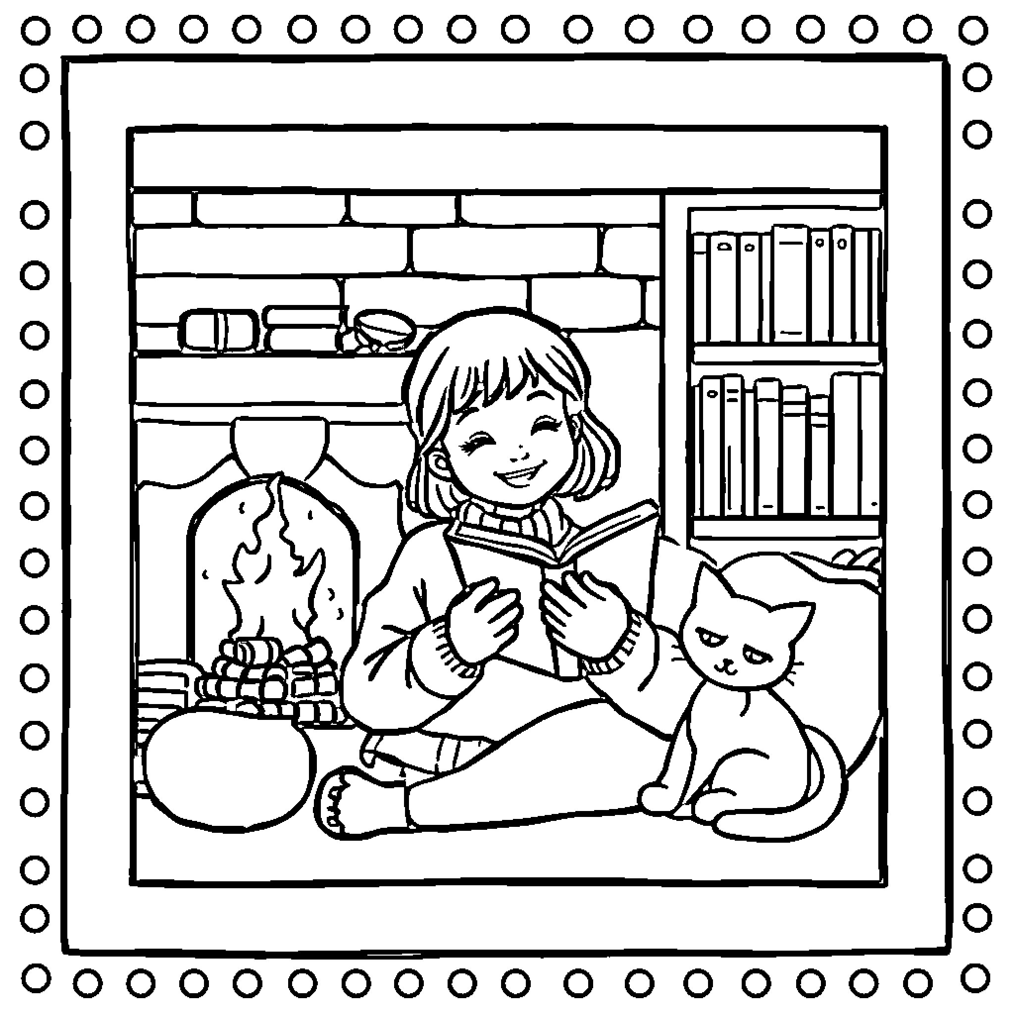 Girl reading book by cozy fireplace with cat Coloring Page (free black-and-white line drawing printable PDF for all, from beginners to advanced learners, including children, teens, adults, and seniors)