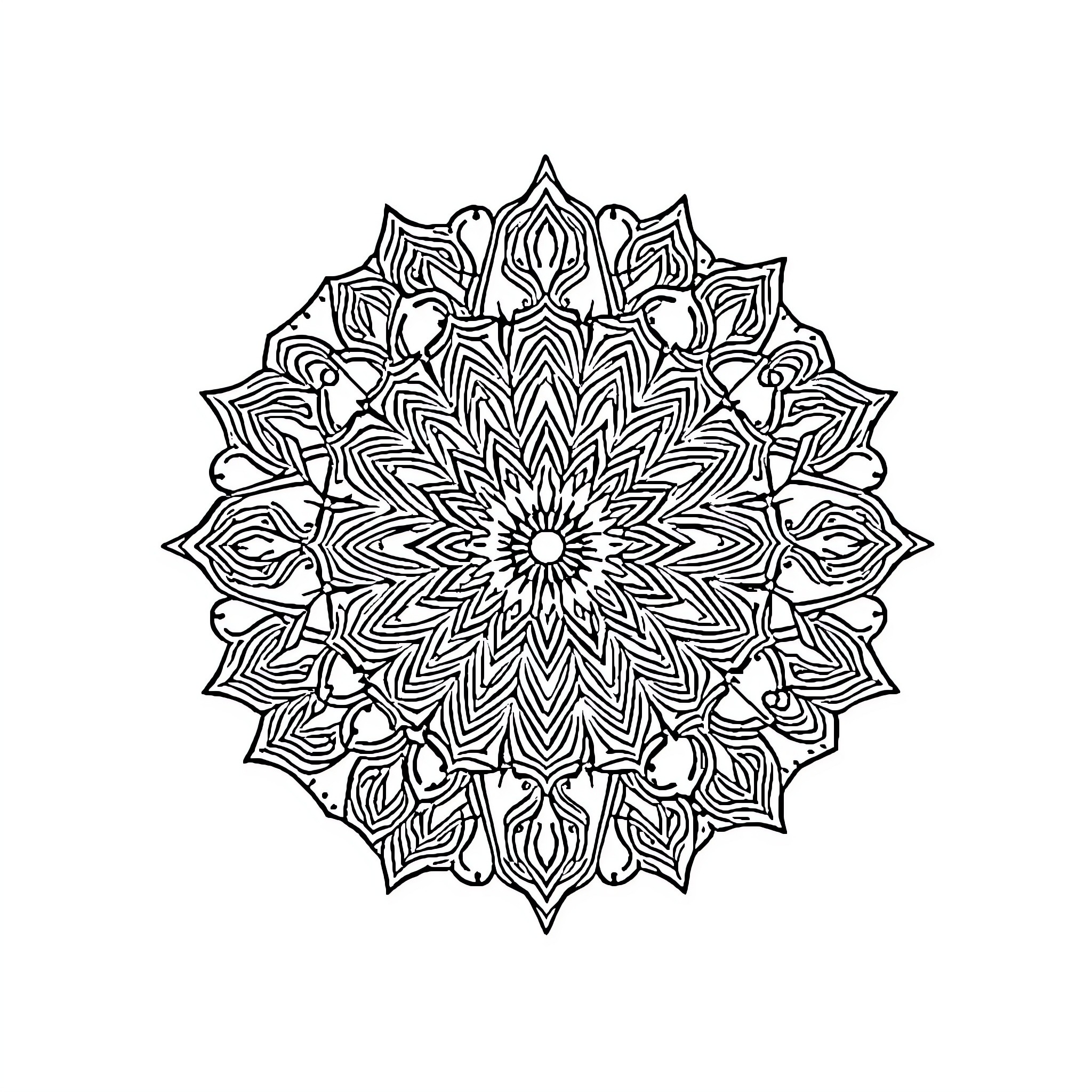Mandala of intricate floral patterns Coloring Page (free black-and-white line drawing printable PDF for all, from beginners to advanced learners, including children, teens, adults, and seniors)