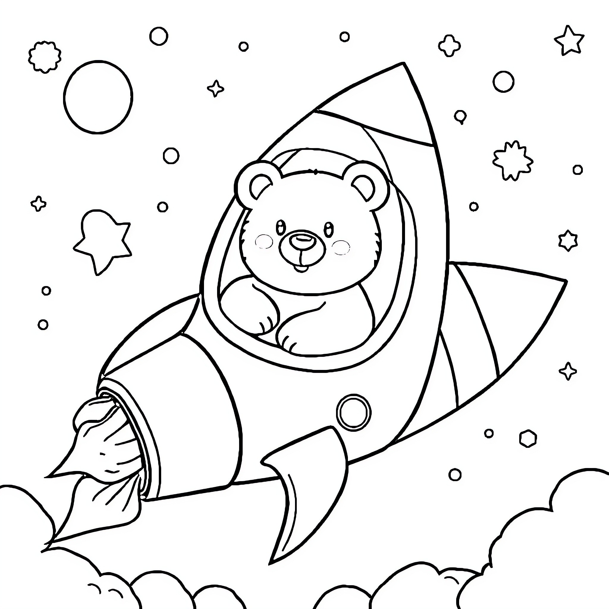 Bear in a Rocket Ship Exploring the Cosmos Coloring Page (free black-and-white line drawing printable PDF for all, from beginners to advanced learners, including children, teens, adults, and seniors)