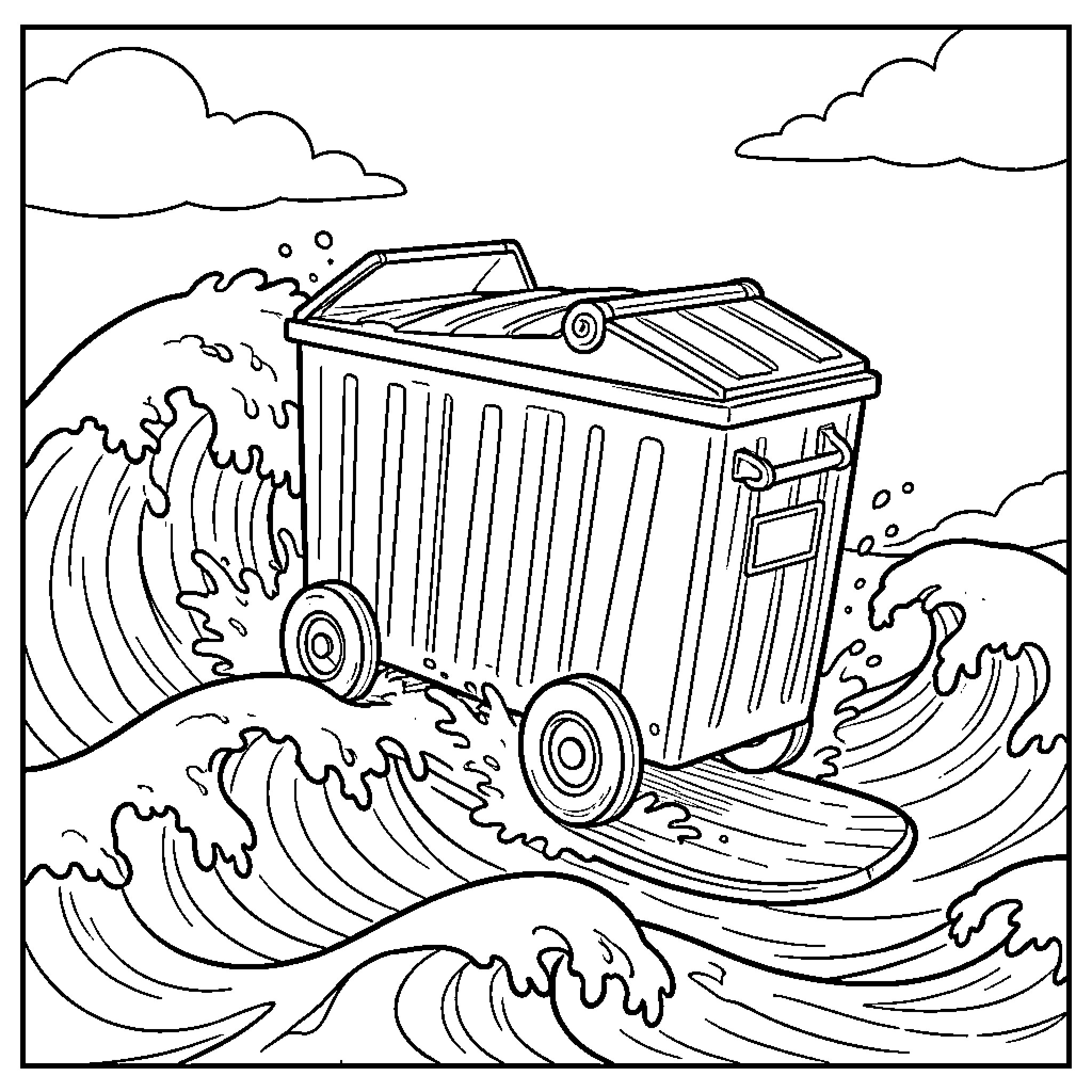 Camion swept away in powerful ocean waves Coloring Page (free black-and-white line drawing printable PDF for all, from beginners to advanced learners, including children, teens, adults, and seniors)