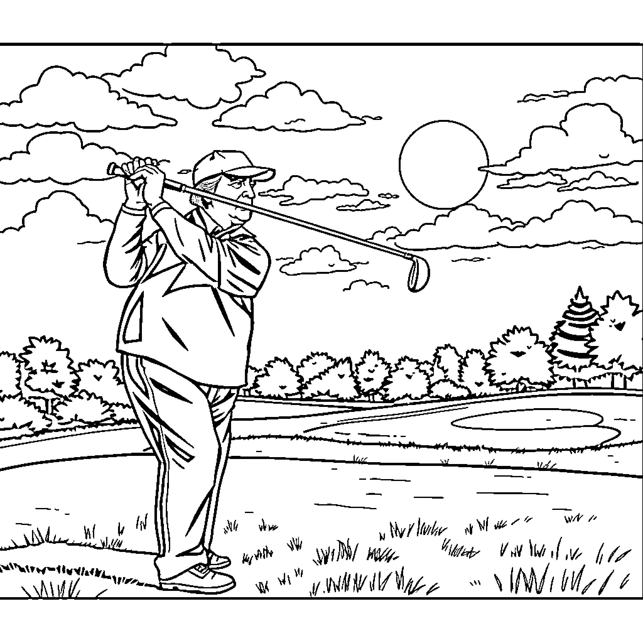 Trump playing golf on a sunny day Coloring Page (free black-and-white line drawing printable PDF for all, from beginners to advanced learners, including children, teens, adults, and seniors)