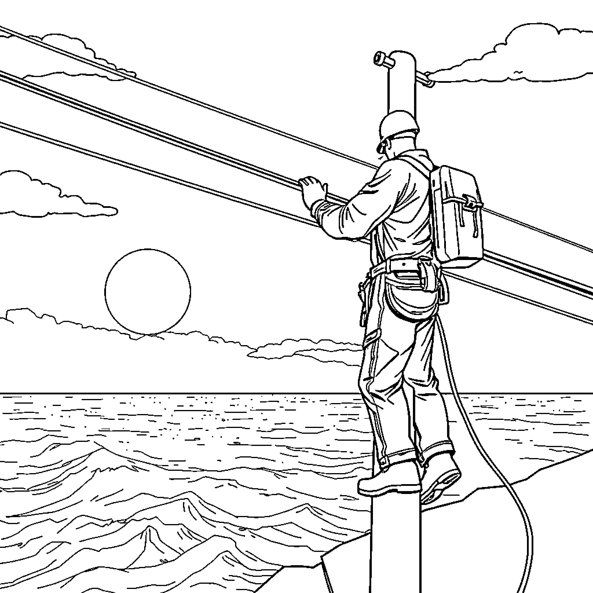 Electrician repairing power lines at sunset Coloring Page (free black-and-white line drawing printable PDF for all, from beginners to advanced learners, including children, teens, adults, and seniors)