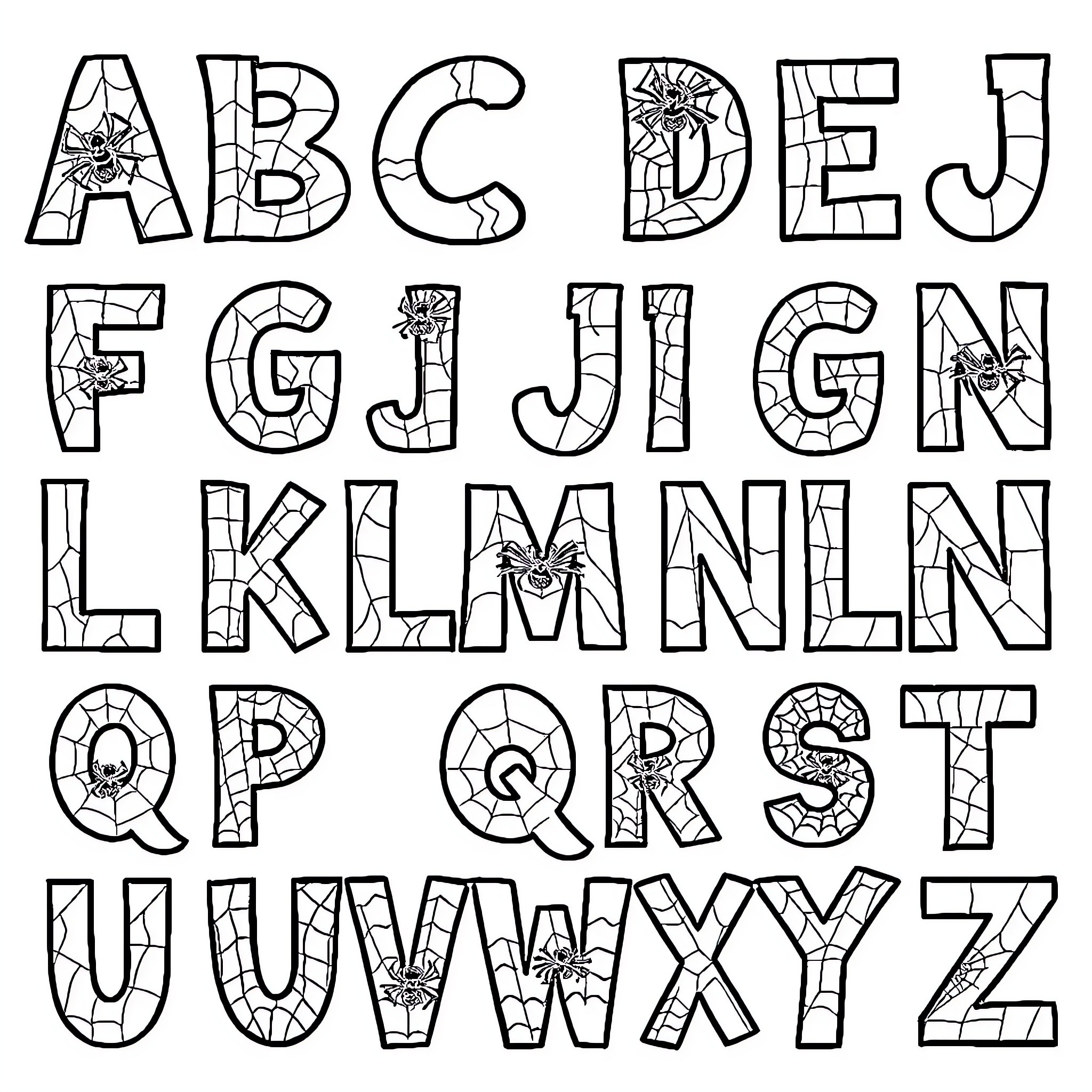 Spiderman-themed alphabet with stained glass design Coloring Page (free black-and-white line drawing printable PDF for all, from beginners to advanced learners, including children, teens, adults, and seniors)