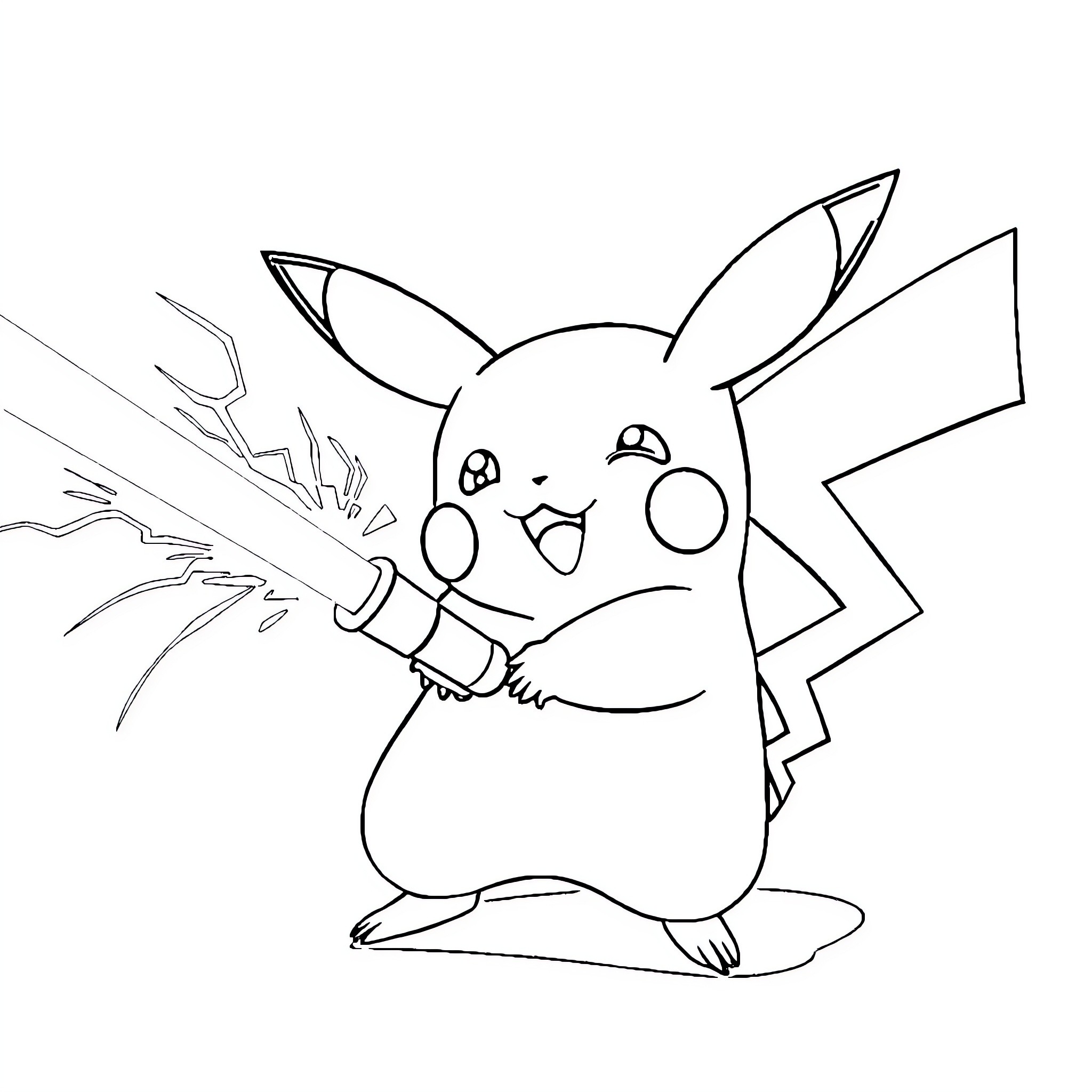 Pikachu wielding a sword in action Coloring Page (free black-and-white line drawing printable PDF for all, from beginners to advanced learners, including children, teens, adults, and seniors)