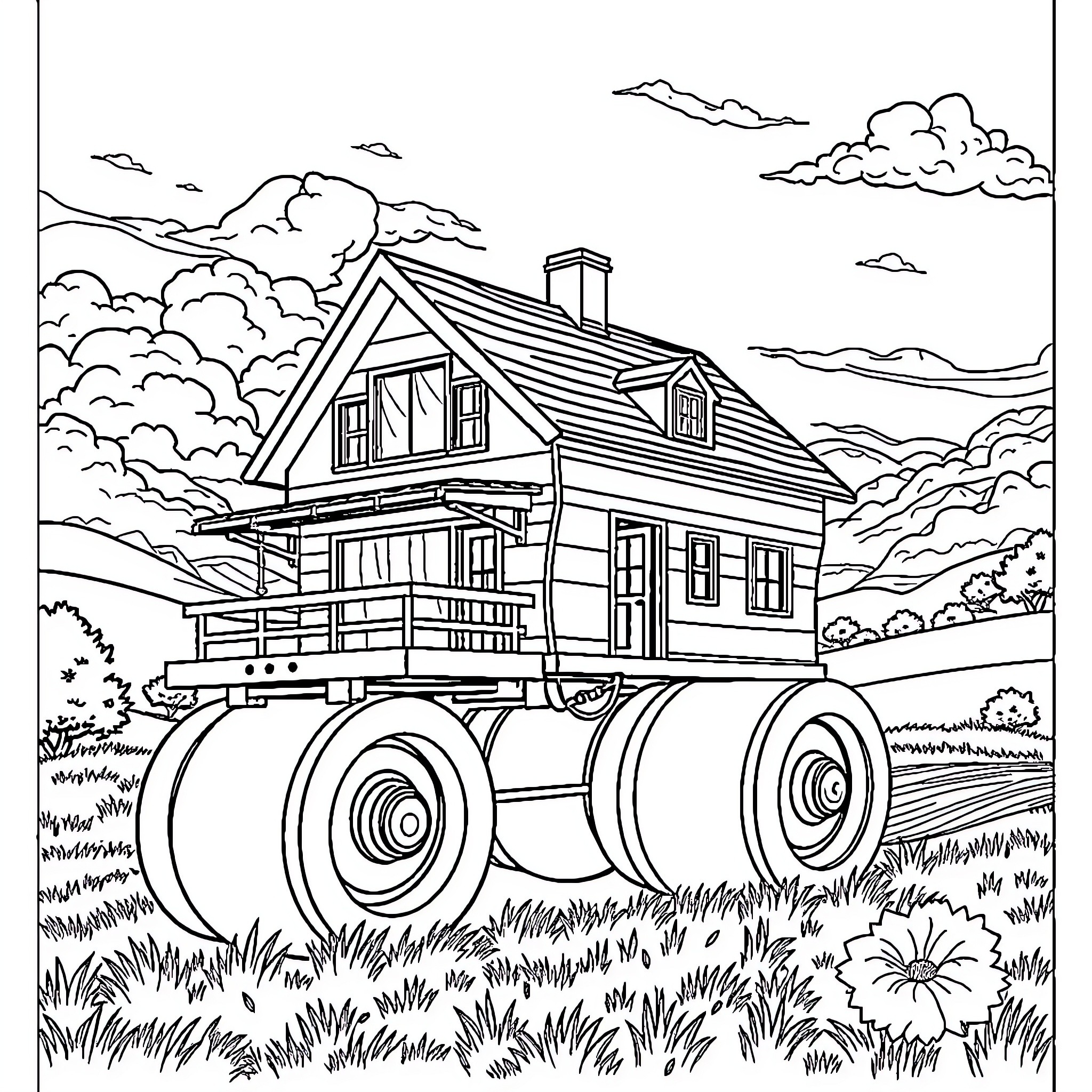 House on Wheels in Scenic Countryside Coloring Page (free black-and-white line drawing printable PDF for all, from beginners to advanced learners, including children, teens, adults, and seniors)
