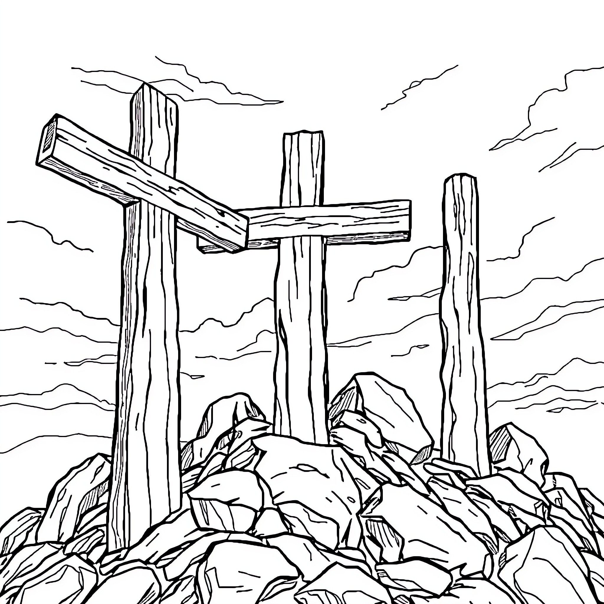 Cross Erected on Rugged Mountain Landscape Coloring Page (free black-and-white line drawing printable PDF for all, from beginners to advanced learners, including children, teens, adults, and seniors)