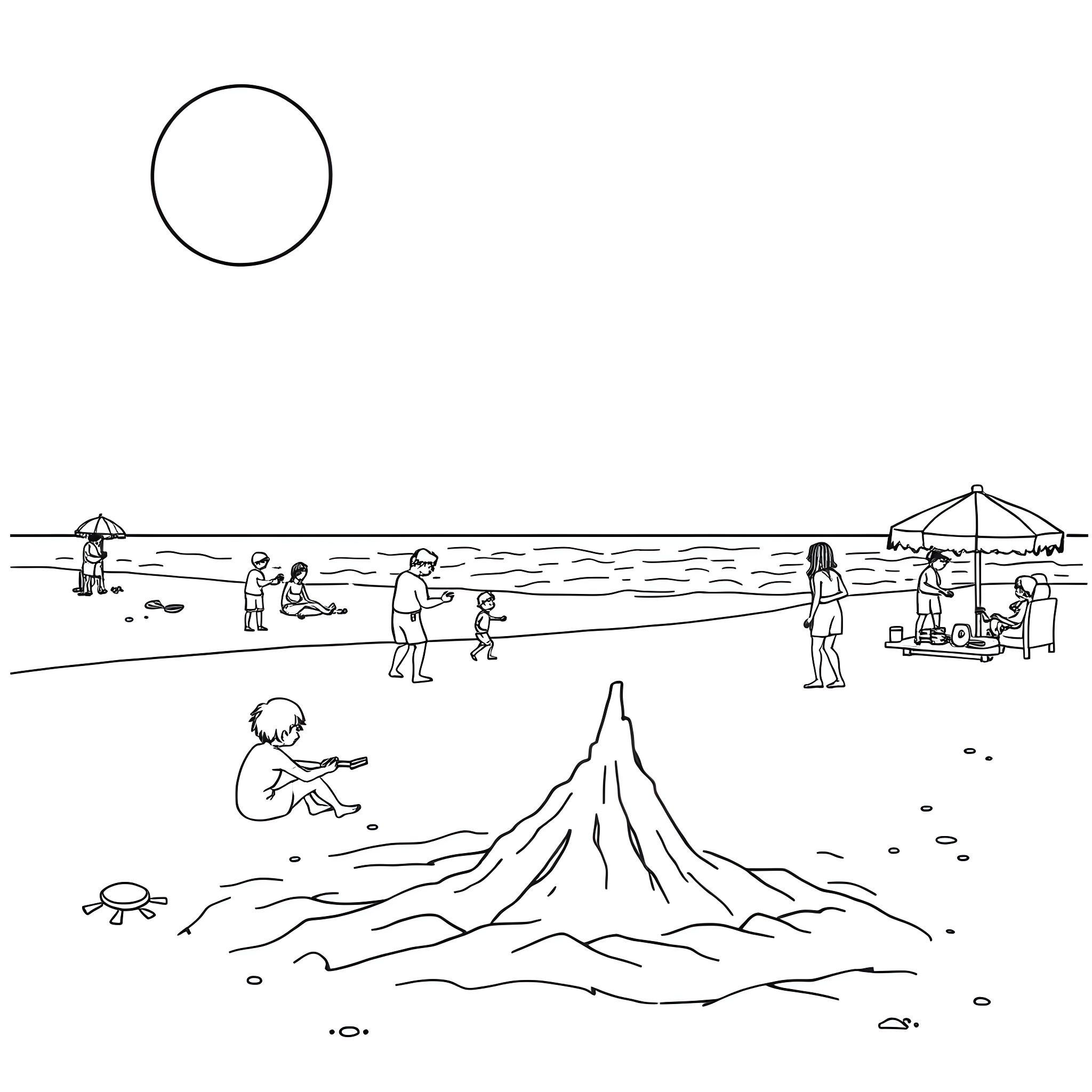Beach scene with people, umbrellas, and a volcanic mountain Coloring Page (free black-and-white line drawing printable PDF for all, from beginners to advanced learners, including children, teens, adults, and seniors)
