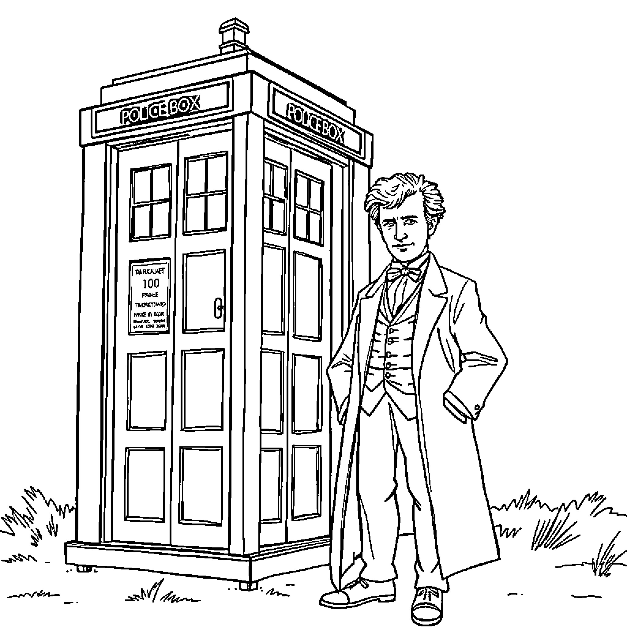 TARDIS with the Time Lord in Victorian attire Coloring Page (free black-and-white line drawing printable PDF for all, from beginners to advanced learners, including children, teens, adults, and seniors)