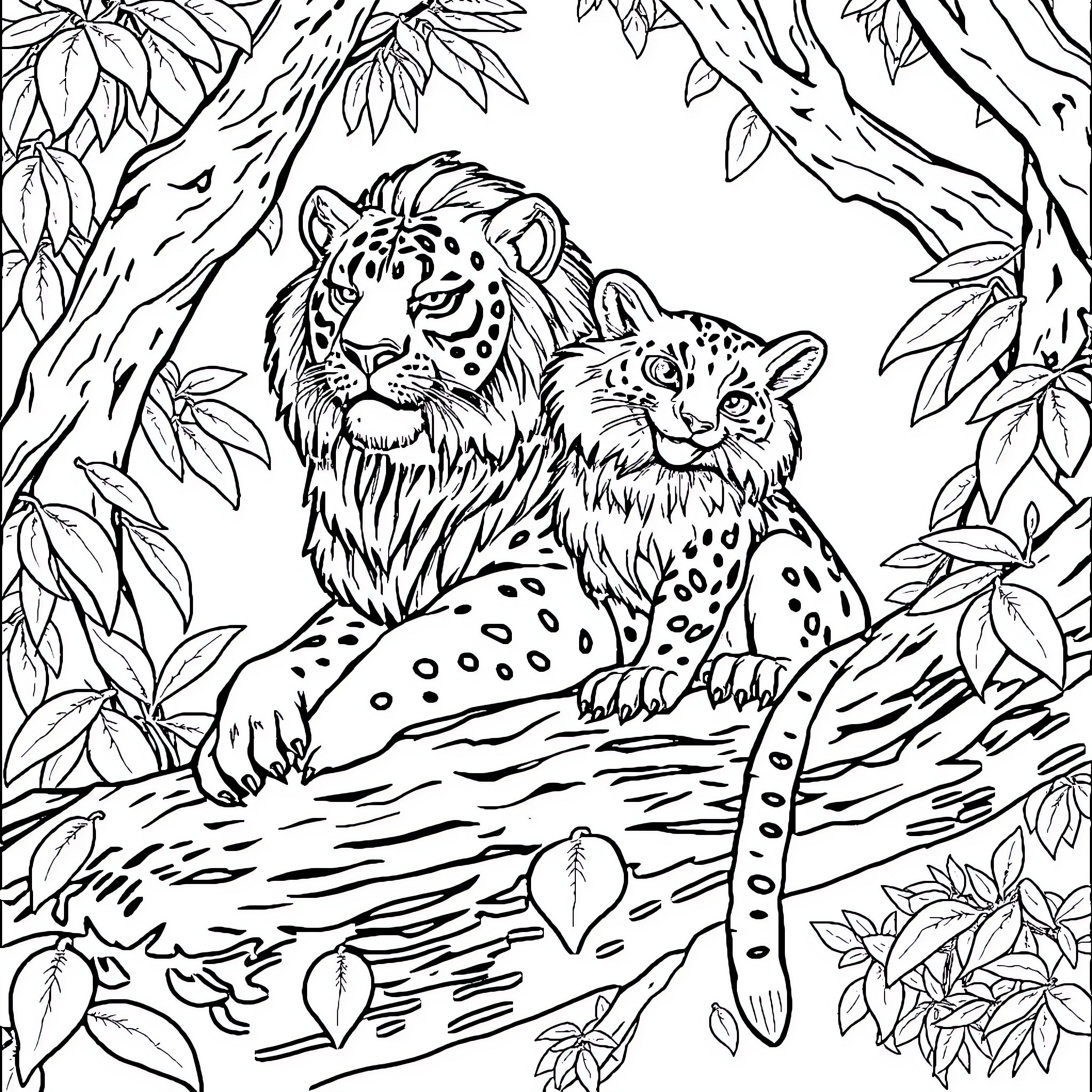 Tiger pair resting in the lush jungle Coloring Page (free black-and-white line drawing printable PDF for all, from beginners to advanced learners, including children, teens, adults, and seniors)