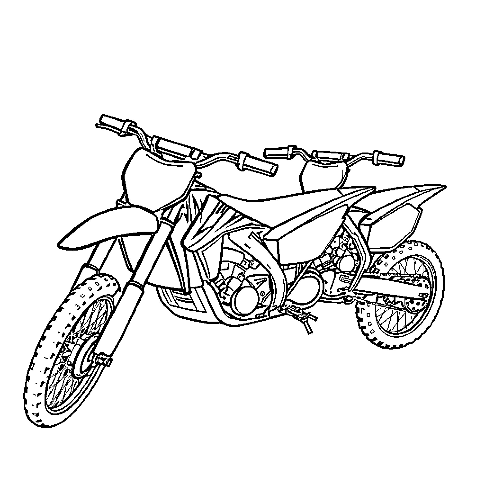 Dirtbike in action on rugged terrain Coloring Page (free black-and-white line drawing printable PDF for all, from beginners to advanced learners, including children, teens, adults, and seniors)
